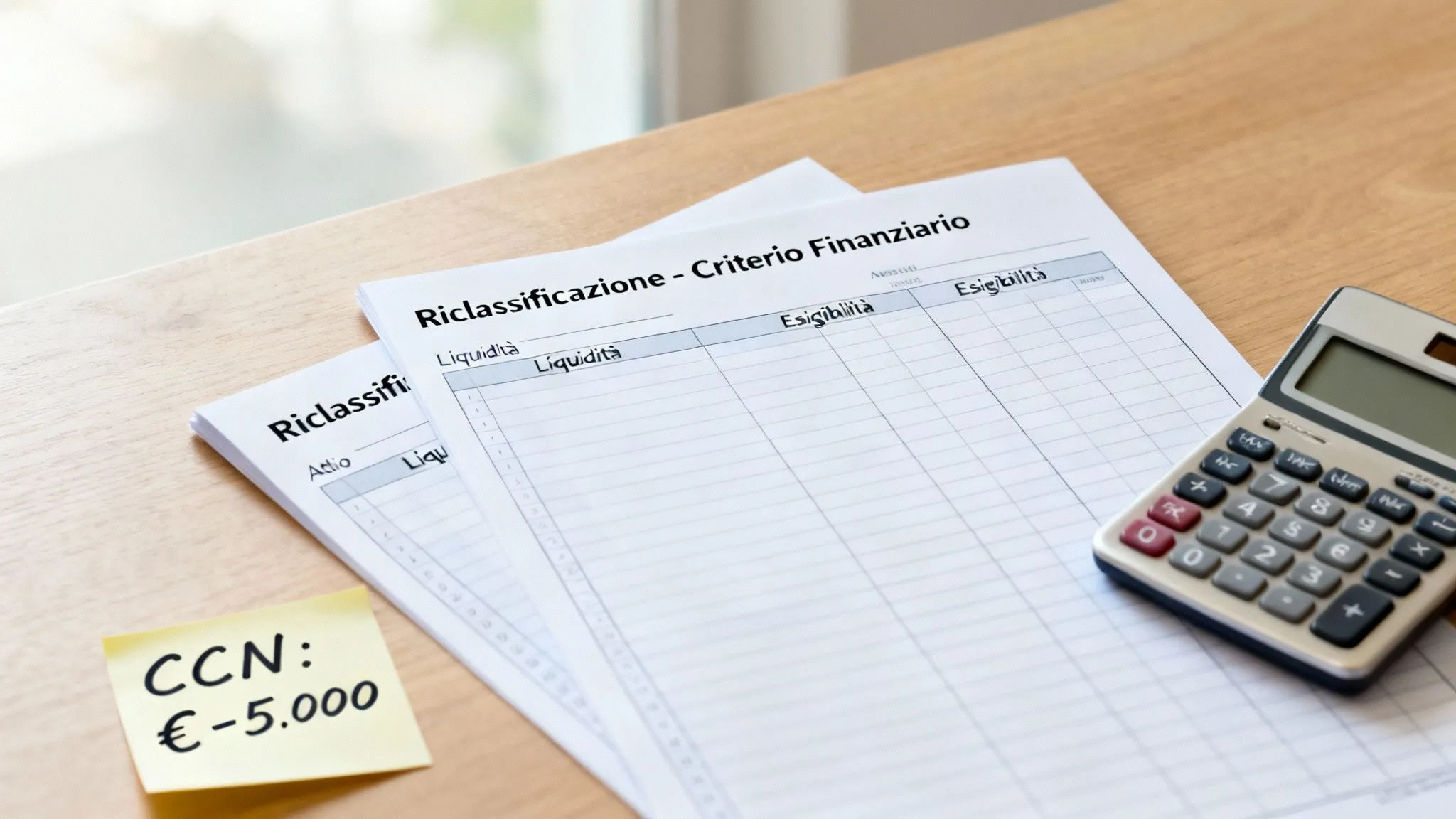 Documenti di riclassificazione finanziaria, calcolatrice e nota adesiva con importo negativo su una scrivania.