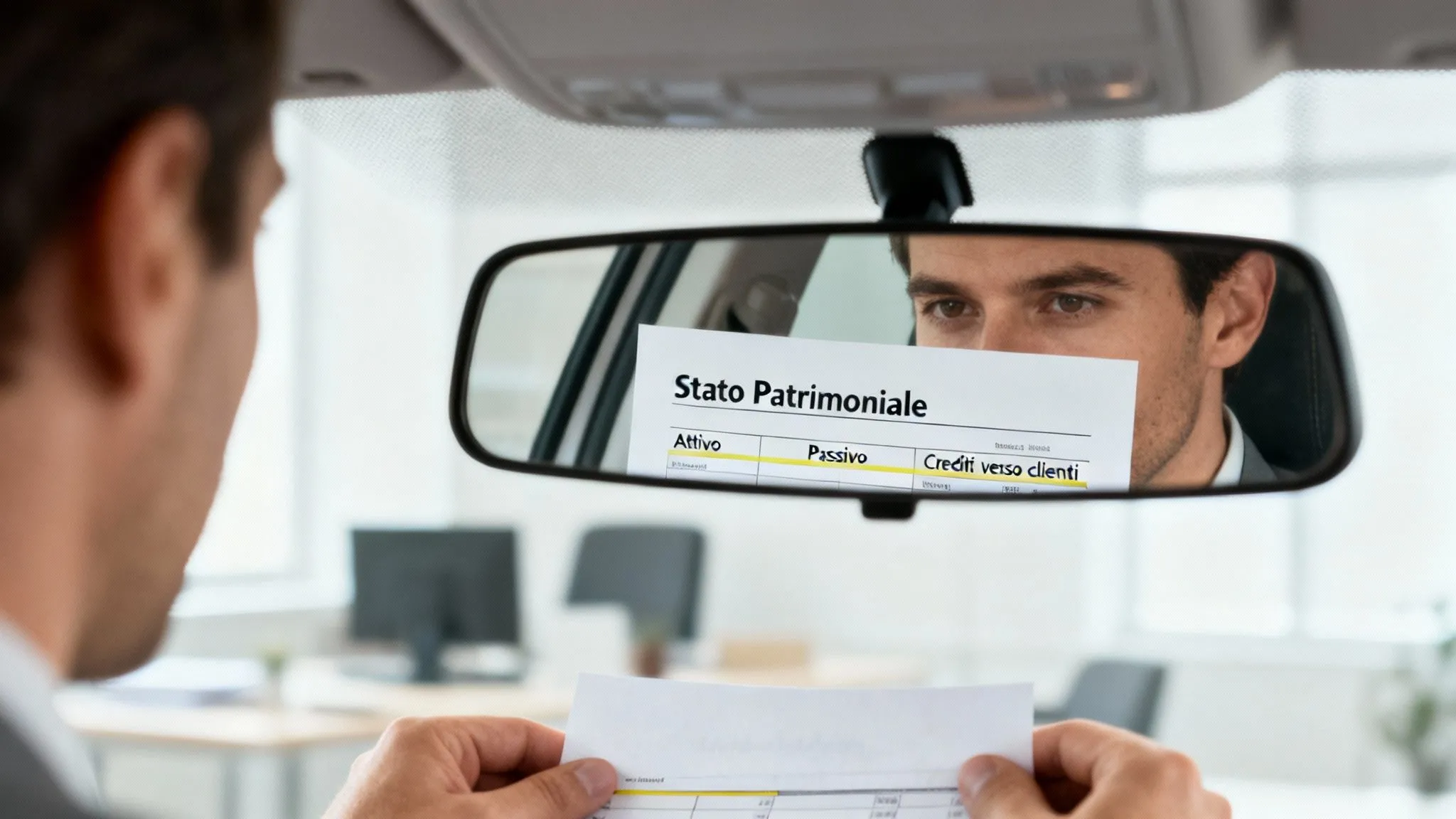Uomo guarda un documento di 'Stato Patrimoniale' nello specchietto retrovisore dell'auto, analizzando dati finanziari.