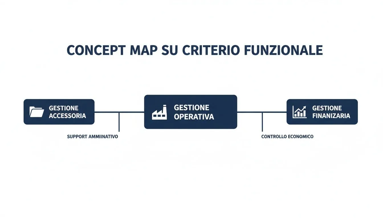 Mappa concettuale della gestione aziendale per criterio funzionale: accessoria, operativa e finanziaria con supporti.