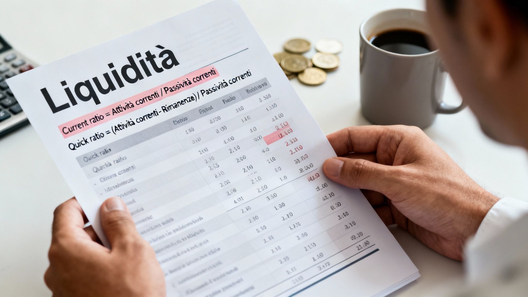 Uomo che tiene un documento finanziario sulla liquidità con calcolatrice e monete sullo sfondo.