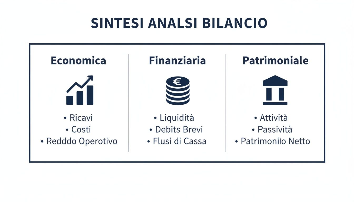 Sintesi dell'analisi di bilancio con indicatori chiave economici, finanziari e patrimoniali.