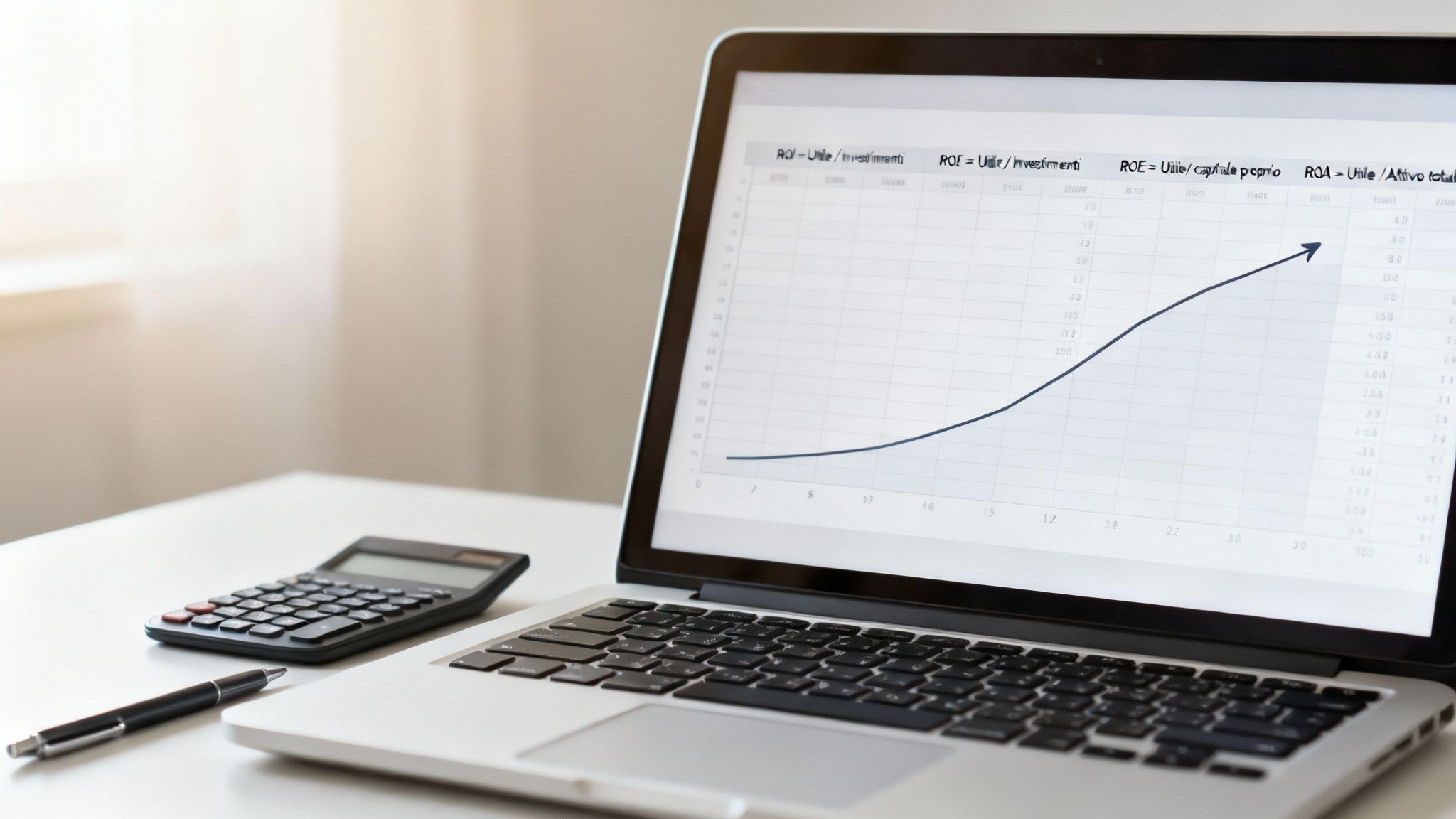 Laptop su scrivania con grafico finanziario in crescita, calcolatrice e penna per analisi economica.
