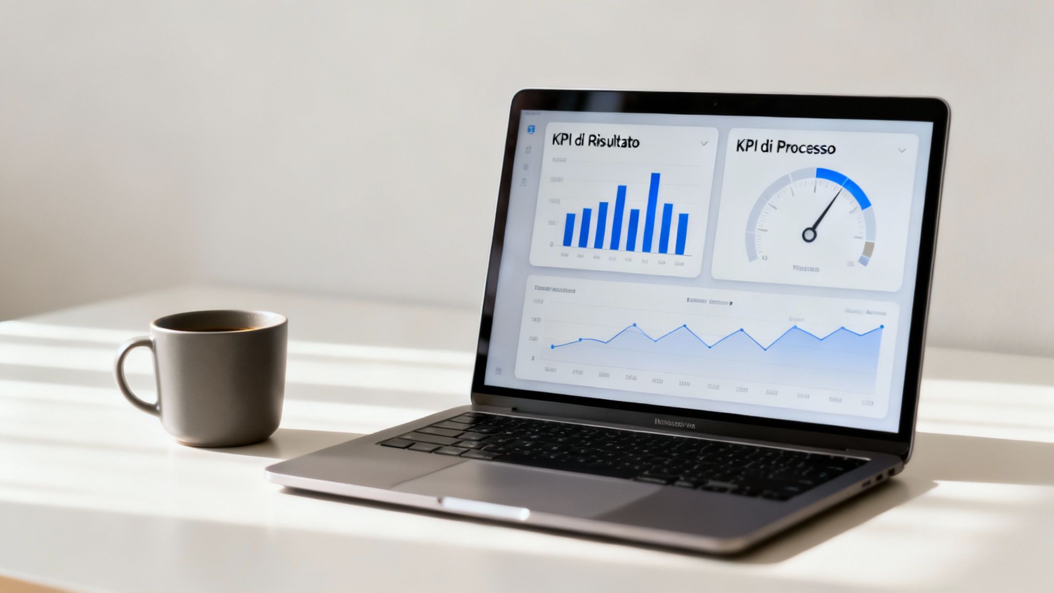 Laptop su scrivania bianca con dashboard di KPI (risultato, processo) e grafici, accanto a una tazza di caffè.