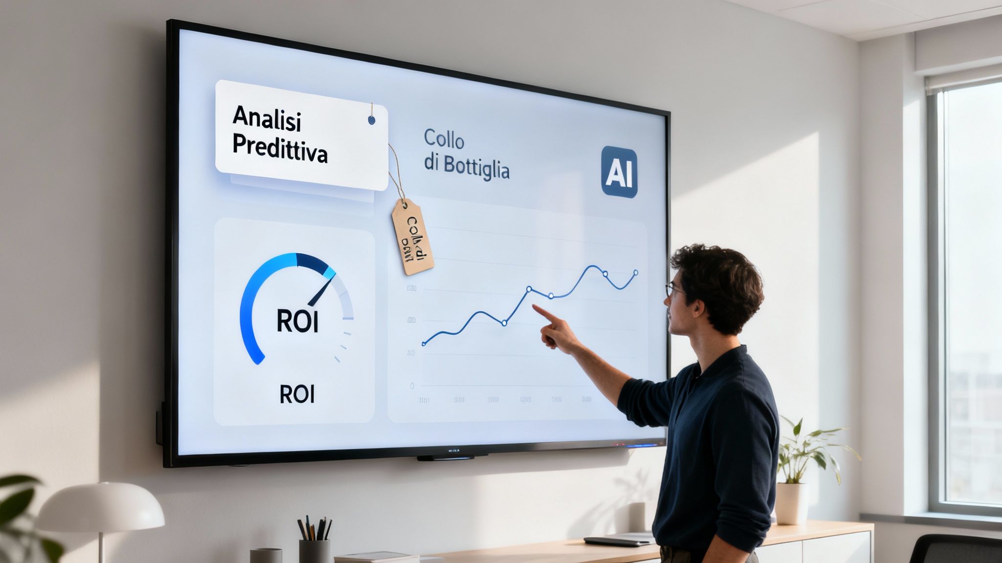 Un uomo punta il dito su un grande schermo che mostra grafici di analisi predittiva, ROI e intelligenza artificiale.