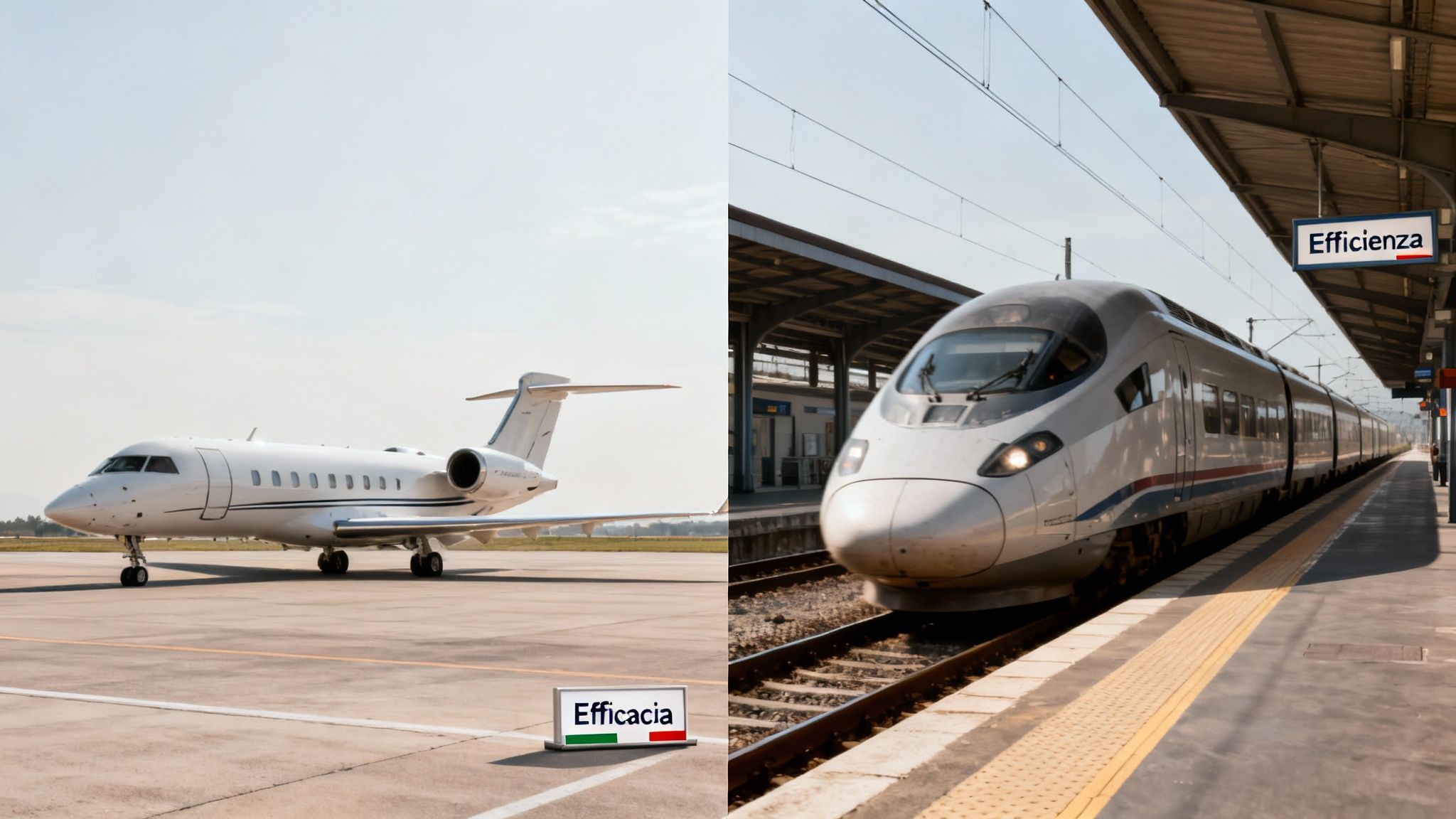 Immagine comparativa: un jet privato su pista per l'efficacia e un treno ad alta velocità in stazione per l'efficienza.