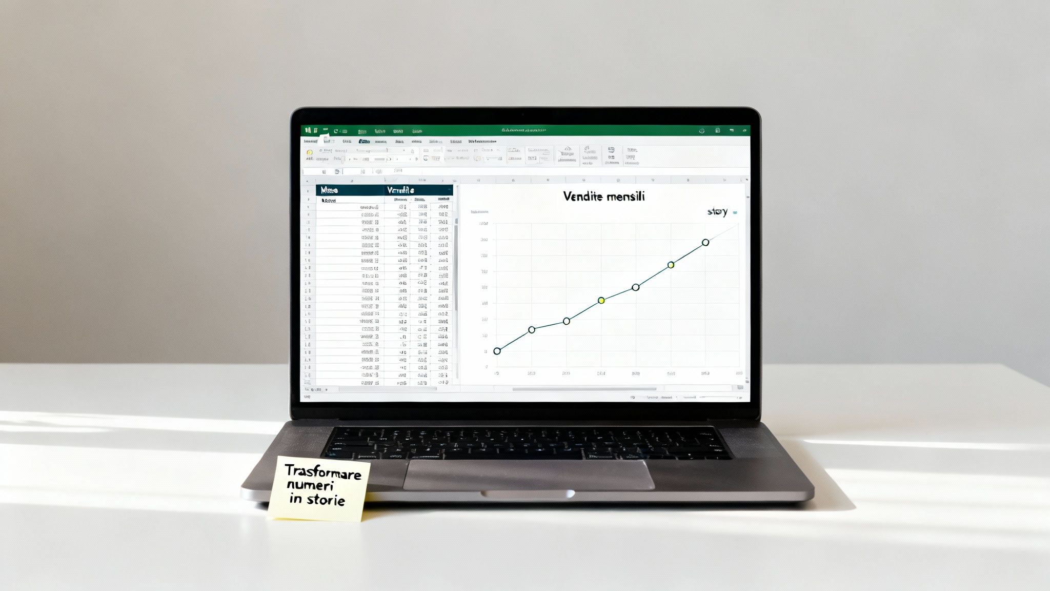 แล็ปท็อปที่มีไฟล์ Excel แสดงแผนภูมิยอดขายรายเดือน และกระดาษโน้ตแปะอยู่