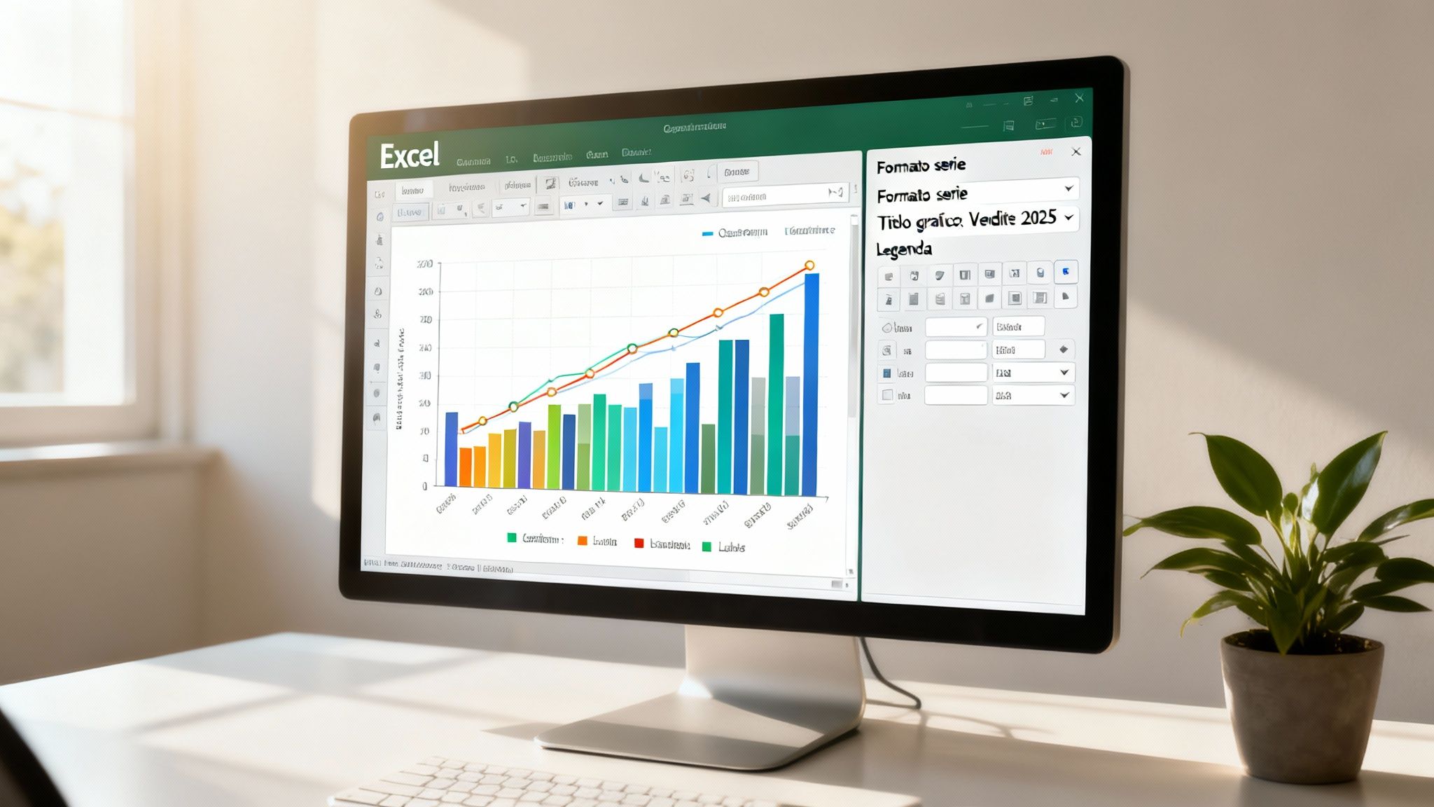 จอภาพแสดงแผนภูมิแท่งและเส้นจากโปรแกรม Excel ที่แสดงข้อมูลยอดขายปี 2025 บนโต๊ะทำงานที่มีแสงแดดส่องถึง