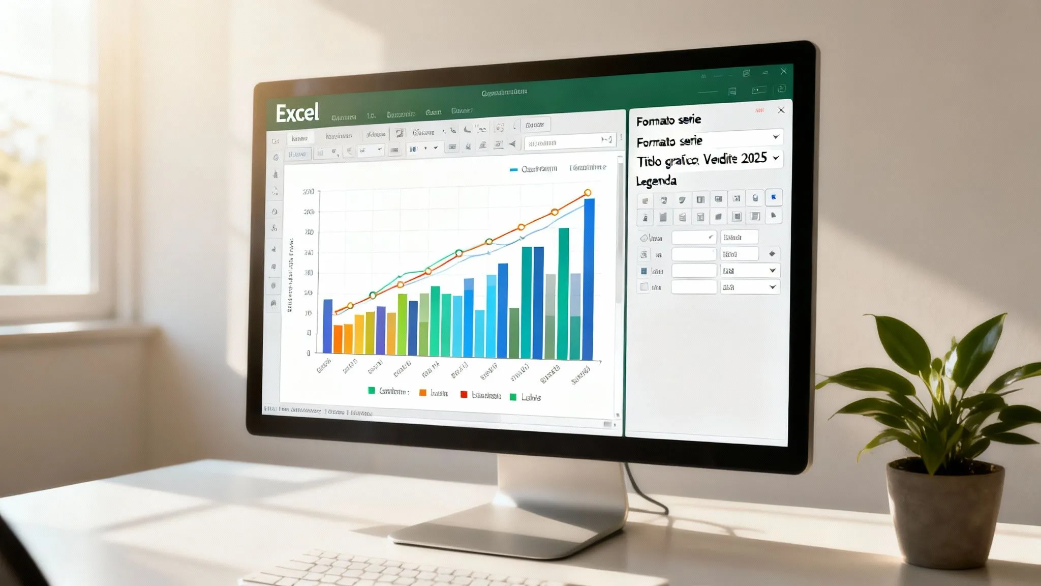 จอภาพแสดงแผนภูมิแท่งและเส้นจากโปรแกรม Excel ที่แสดงข้อมูลยอดขายปี 2025 บนโต๊ะทำงานที่มีแสงแดดส่องถึง