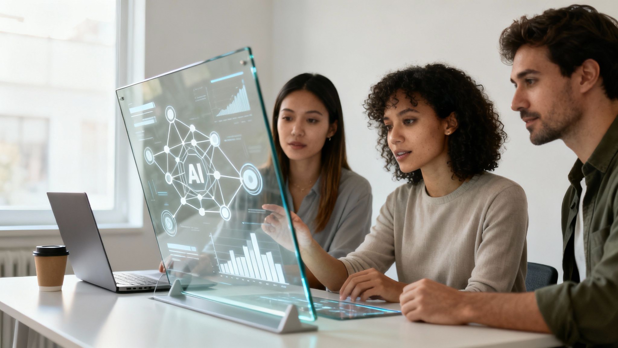 Tre colleghi in ufficio esaminio dati AI su uno schermo trasparente, discutendo nuove tecnologie.