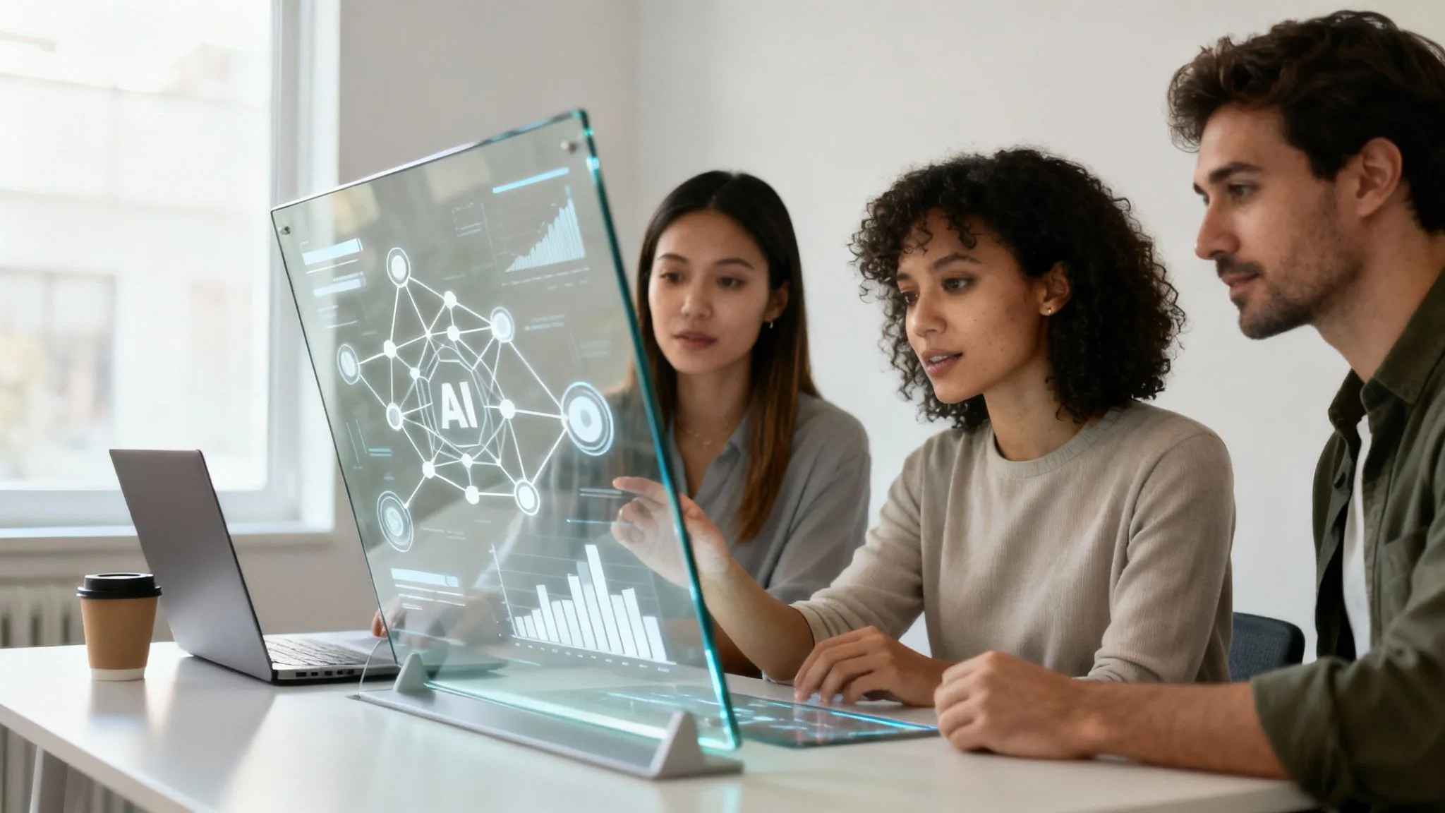 Tiga rekan kerja di kantor menganalisis data AI di layar transparan sambil mendiskusikan teknologi baru.