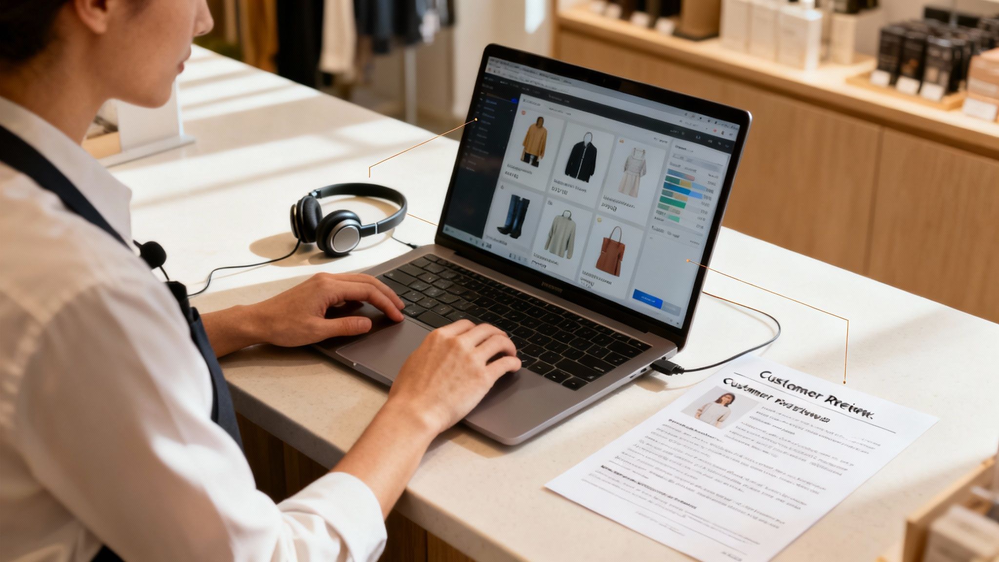 Una commessa in un negozio utilizza un laptop con un'interfaccia di e-commerce e un documento di recensione del cliente.
