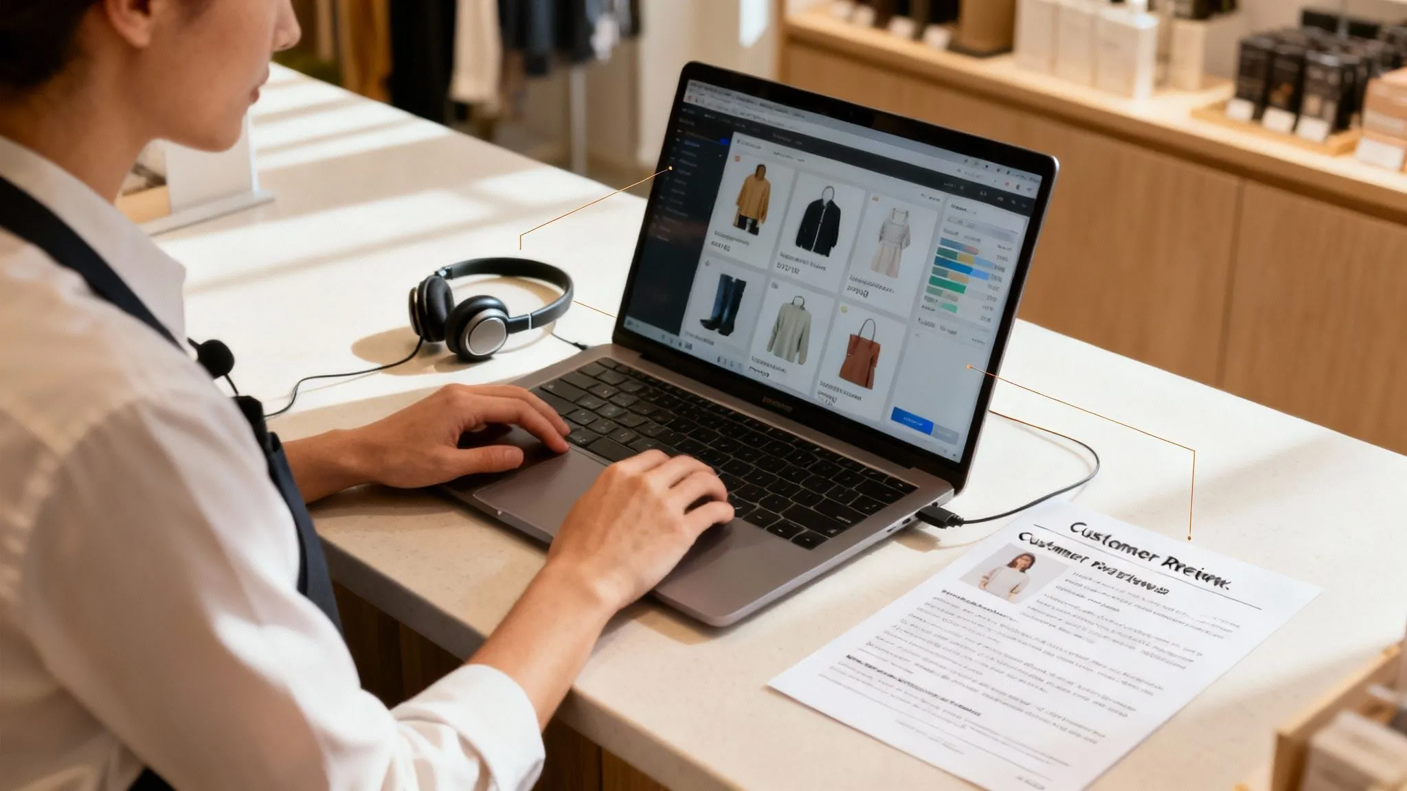 Seorang kasir di toko menggunakan laptop dengan antarmuka e-commerce dan dokumen ulasan pelanggan.