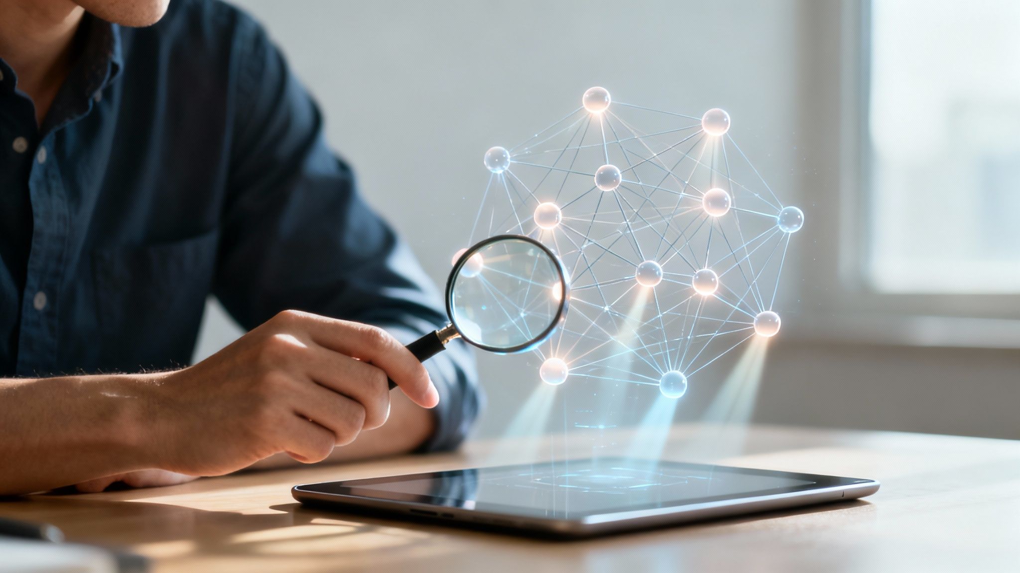 Một người đàn ông dùng kính lúp để kiểm tra mạng lưới các kết nối kỹ thuật số đang hình thành từ một chiếc máy tính bảng.