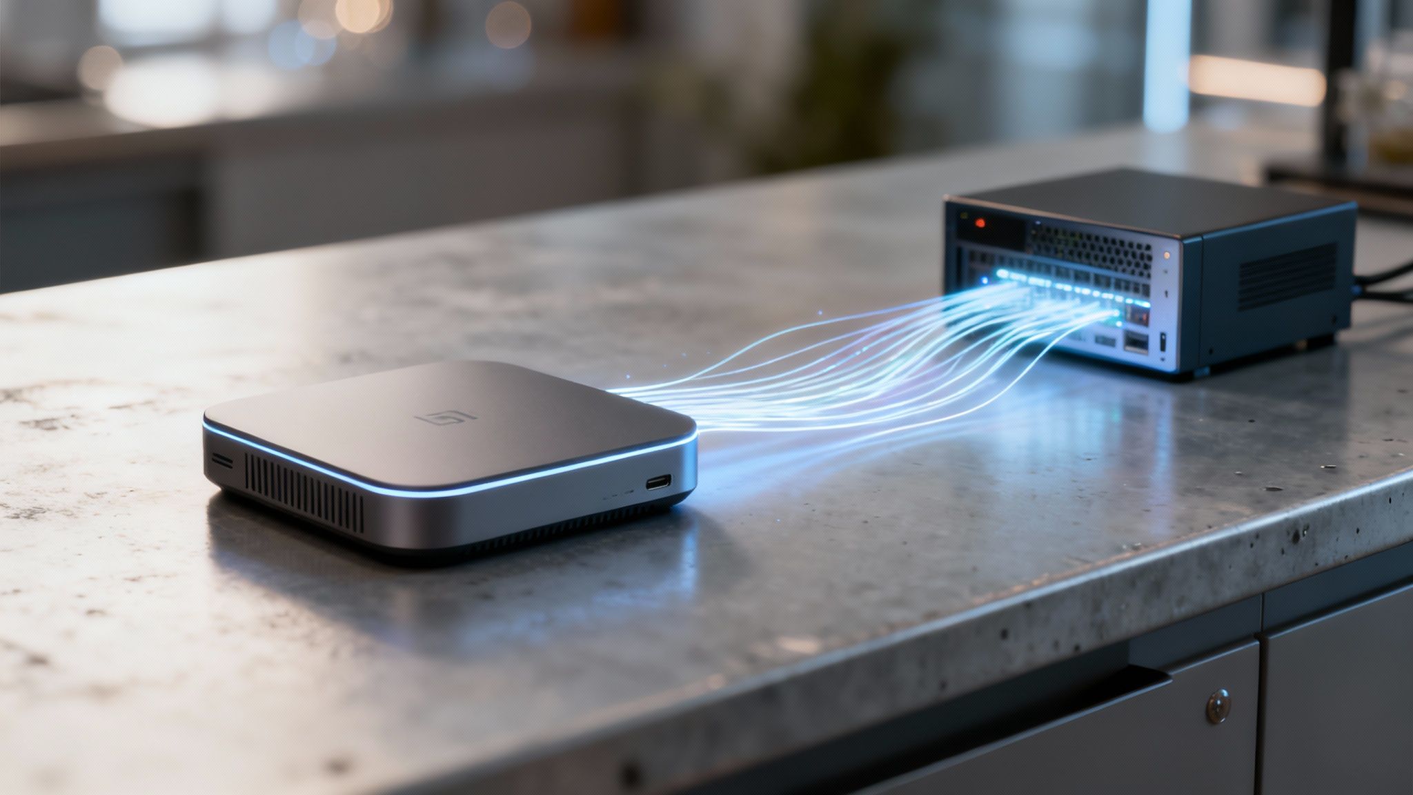 Hai thiết bị công nghệ hiện đại được kết nối với nhau bằng luồng ánh sáng xanh trên mặt bàn bếp.