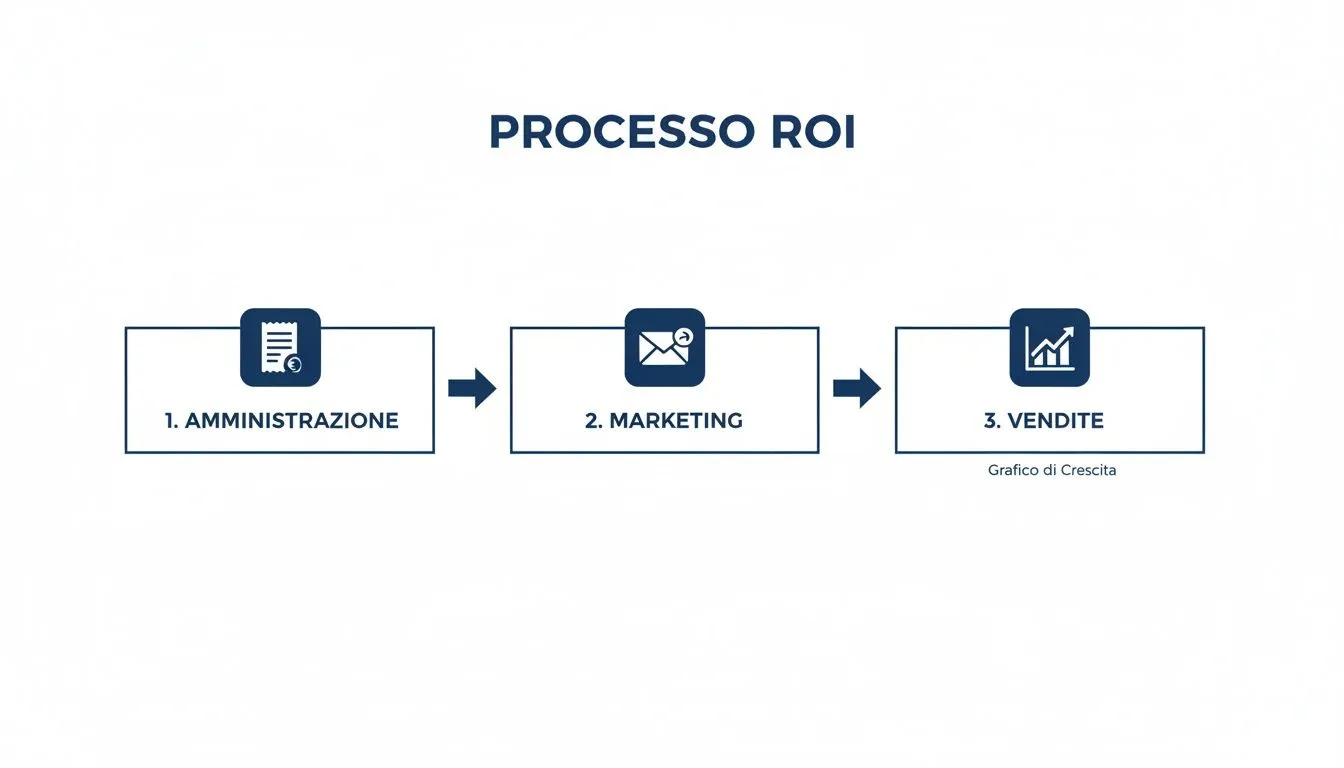 Un diagramma di flusso che illustra il processo ROI in tre fasi: Amministrazione, Marketing e Vendite con icone rappresentative.