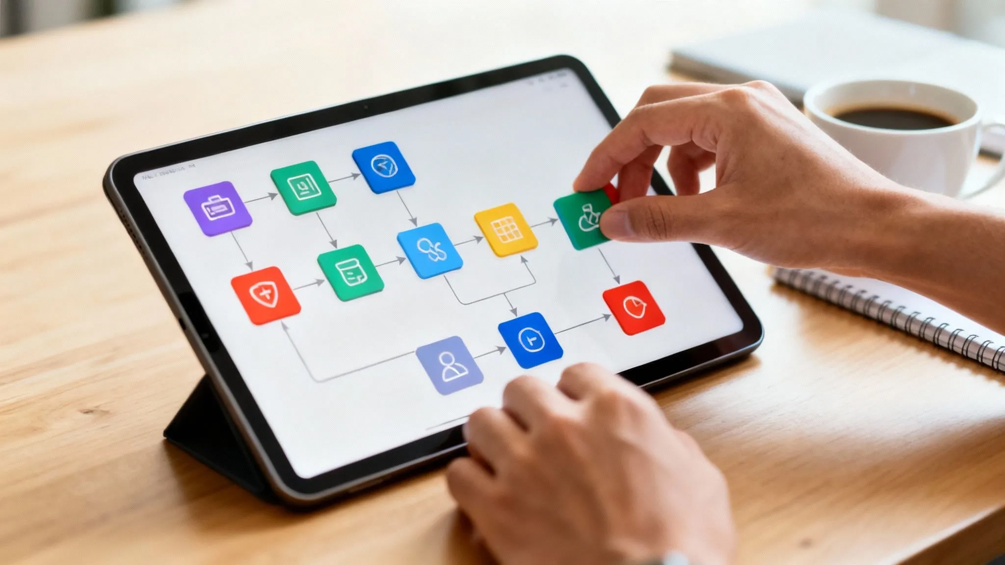 Persona che usa un tablet per creare un diagramma di flusso con blocchi colorati su una scrivania in legno.