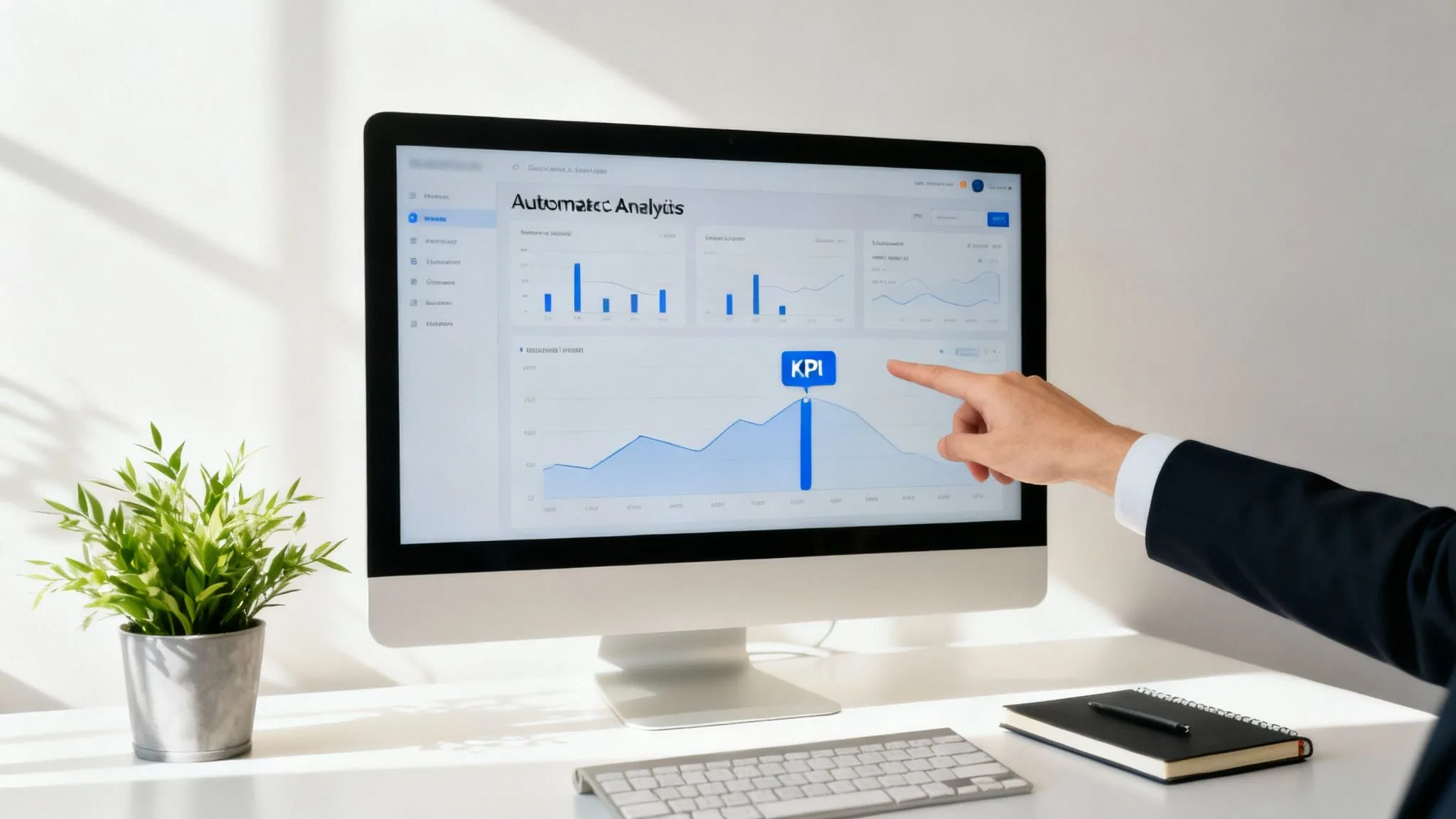 Una persona indica un monitor con dashboard di analisi automatiche e KPI, in un ambiente di ufficio moderno.