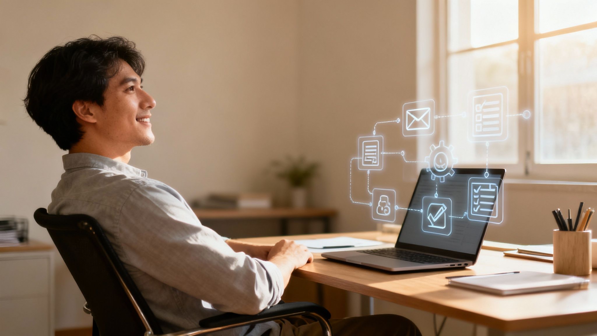 Một người đàn ông mỉm cười tại bàn làm việc, màn hình máy tính xách tay của anh hiển thị sơ đồ tự động hóa kinh doanh.