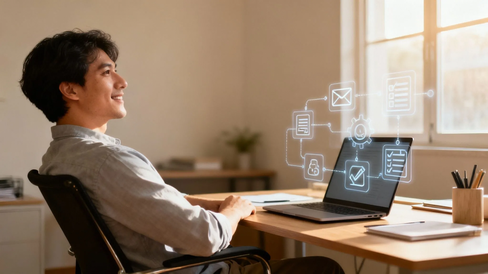 Un uomo sorride alla sua scrivania, mentre il suo laptop mostra un diagramma di automazione aziendale.