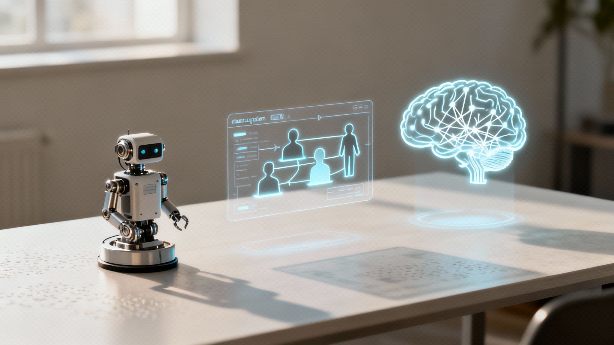 Un robot bianco su un tavolo con un display olografico che mostra una rete di persone e un cervello luminoso, che simboleggia l'automazione intelligente.