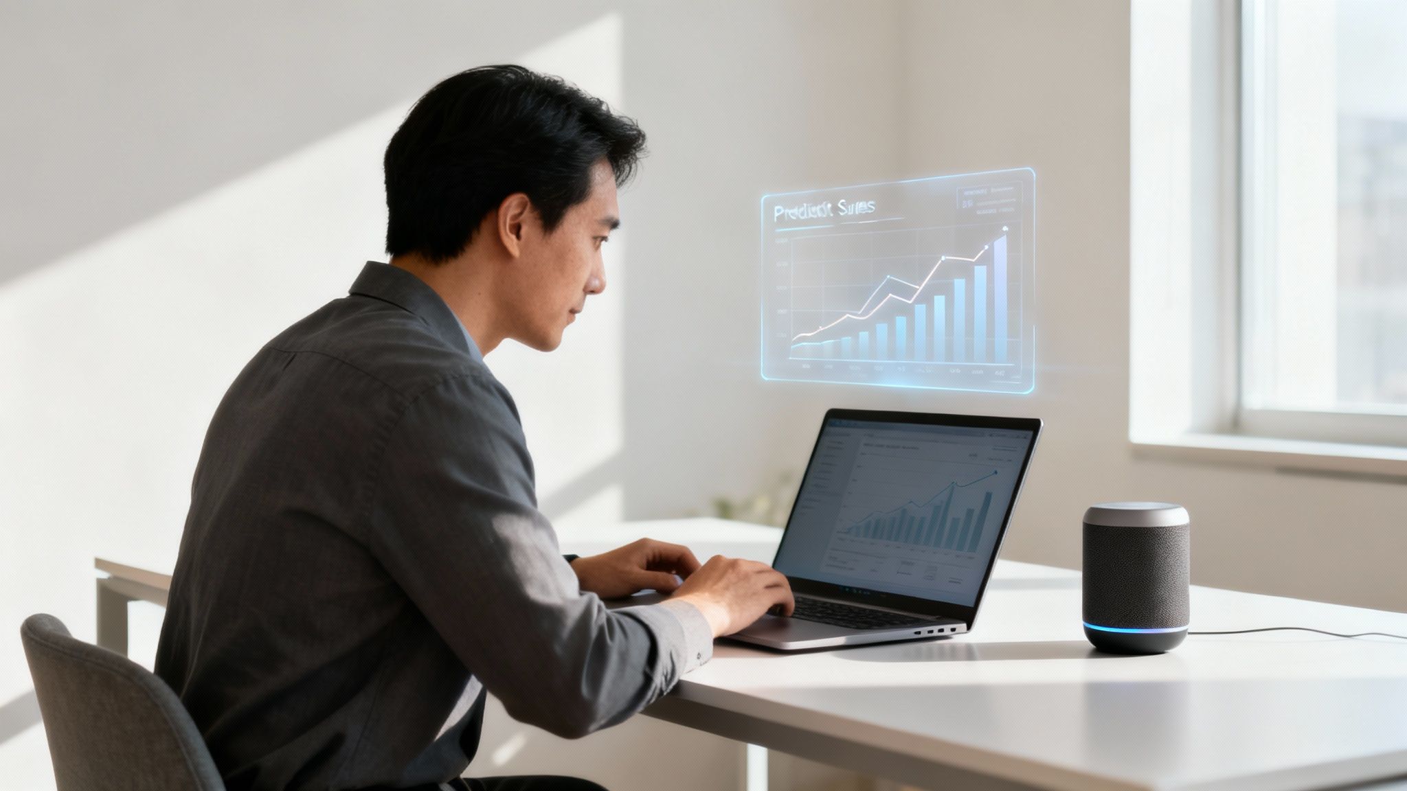 Một người đàn ông châu Á đang làm việc trên máy tính xách tay, xem biểu đồ doanh số bán hàng dạng ảnh ba chiều và sử dụng loa thông minh.