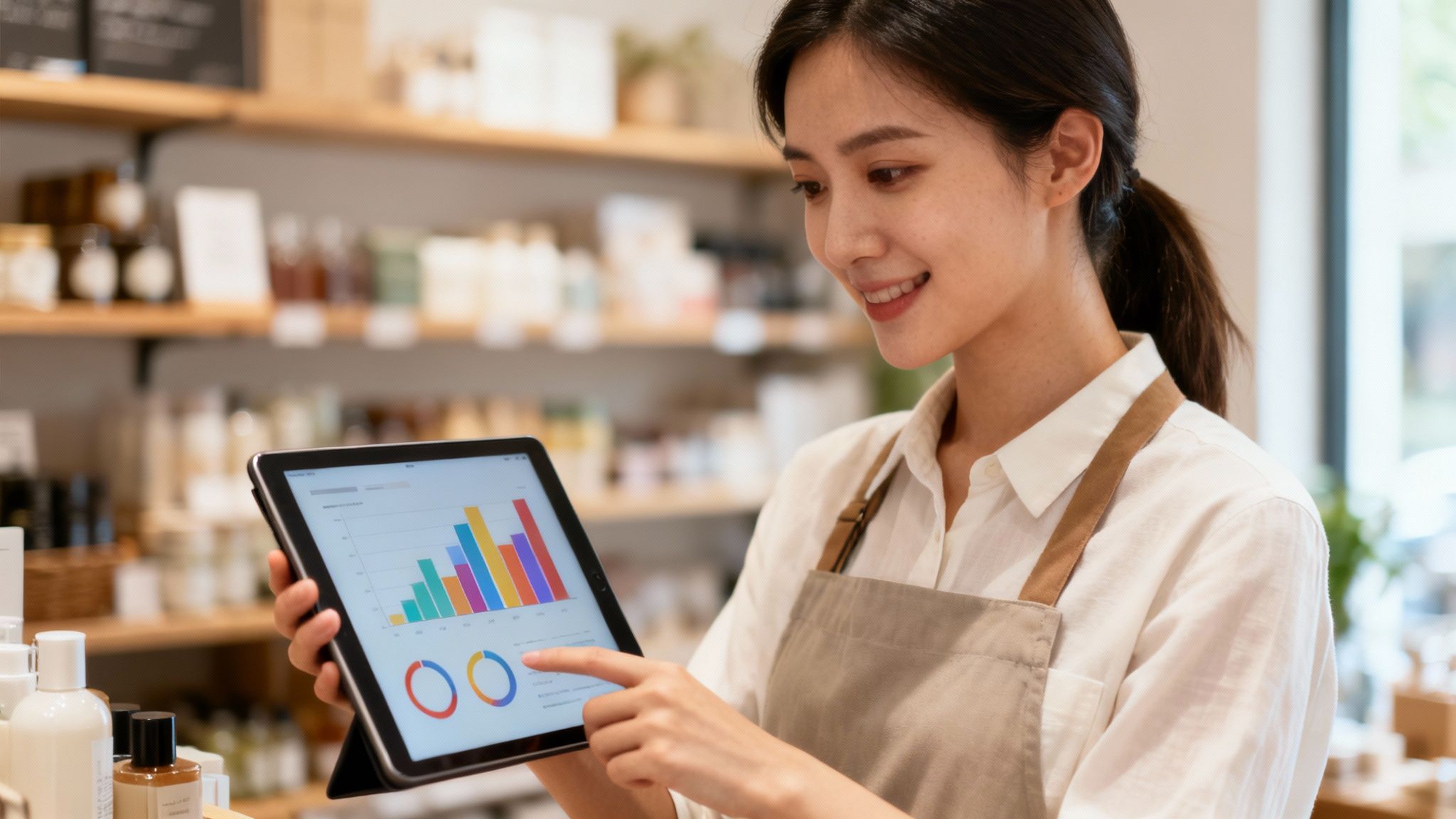 Một người phụ nữ châu Á tươi cười trong chiếc tạp dề, đang sử dụng máy tính bảng hiển thị biểu đồ dữ liệu trong một cửa hàng. Tối ưu hóa quản lý.