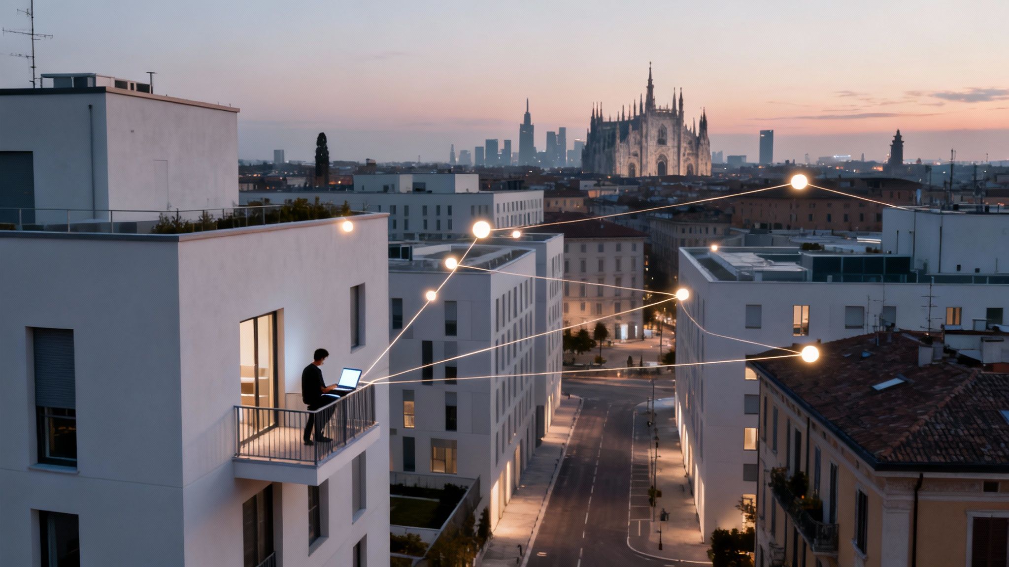 Người đàn ông trên ban công với máy tính xách tay, khung cảnh thành phố Milan và mạng lưới kết nối kỹ thuật số lúc hoàng hôn.