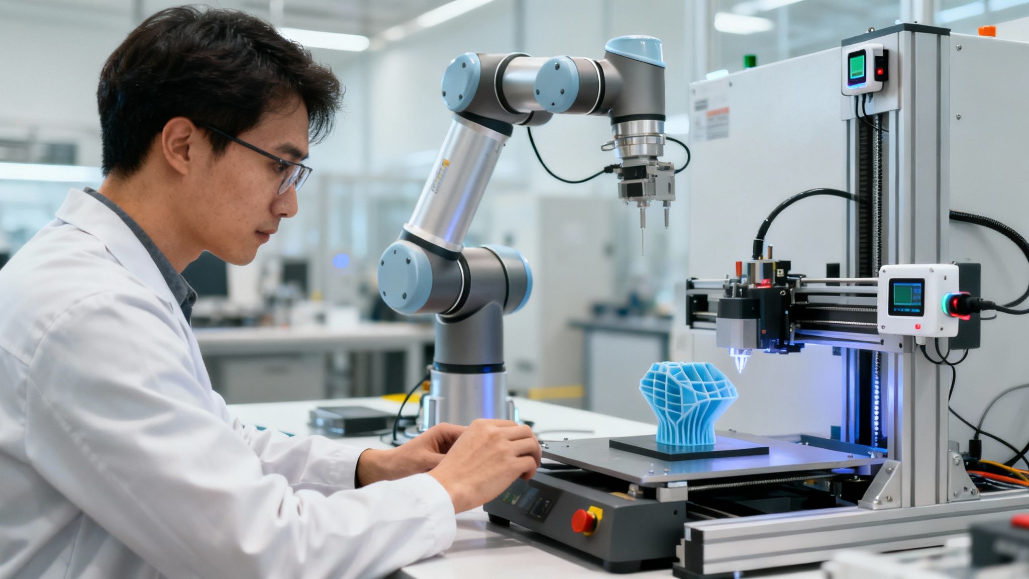 En asiatisk ingenjör i labbrock arbetar med en robotarm och en 3D-skrivare som skapar ett blått föremål i en laboratoriemiljö.