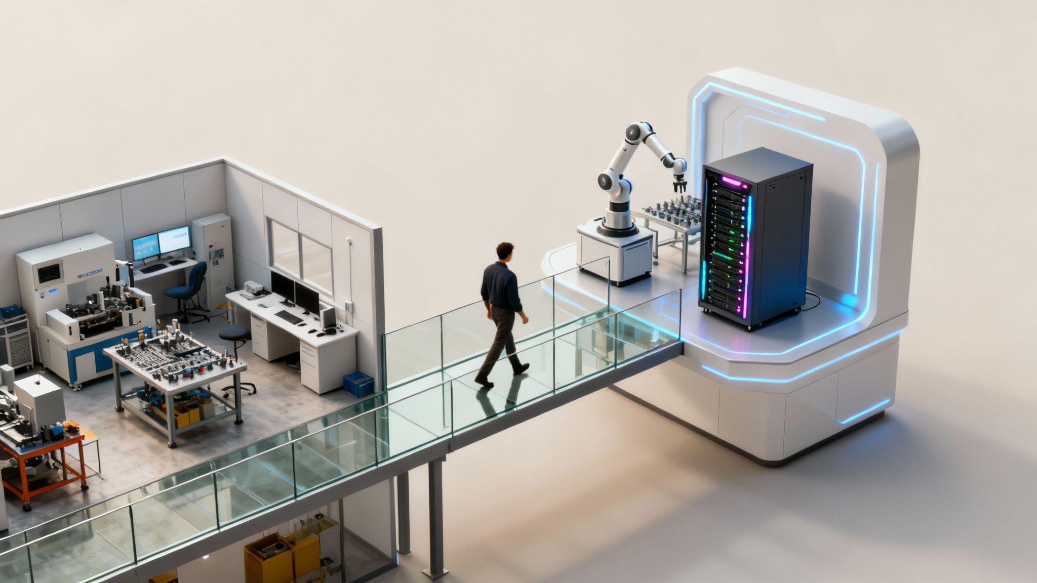 En man på en glasbro mellan produktionslokalen och datacentret med robotar, som symbol för Industri 4.0.