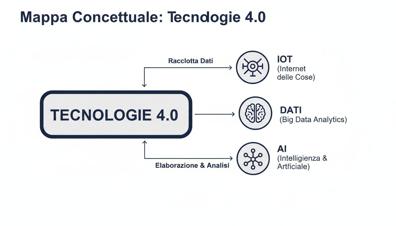 Conceptkaart van Industrie 4.0, met daarin het internet der dingen, big data-analyse en kunstmatige intelligentie, inclusief gegevensverzameling en -analyse.