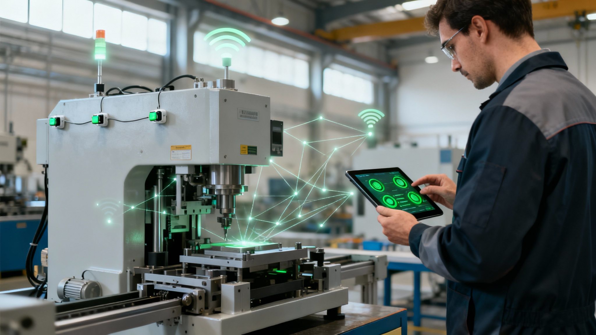 Een technicus bedient een slimme industriële machine via een tablet, met digitale overlays die de connectiviteit en Industrie 4.0 aangeven.