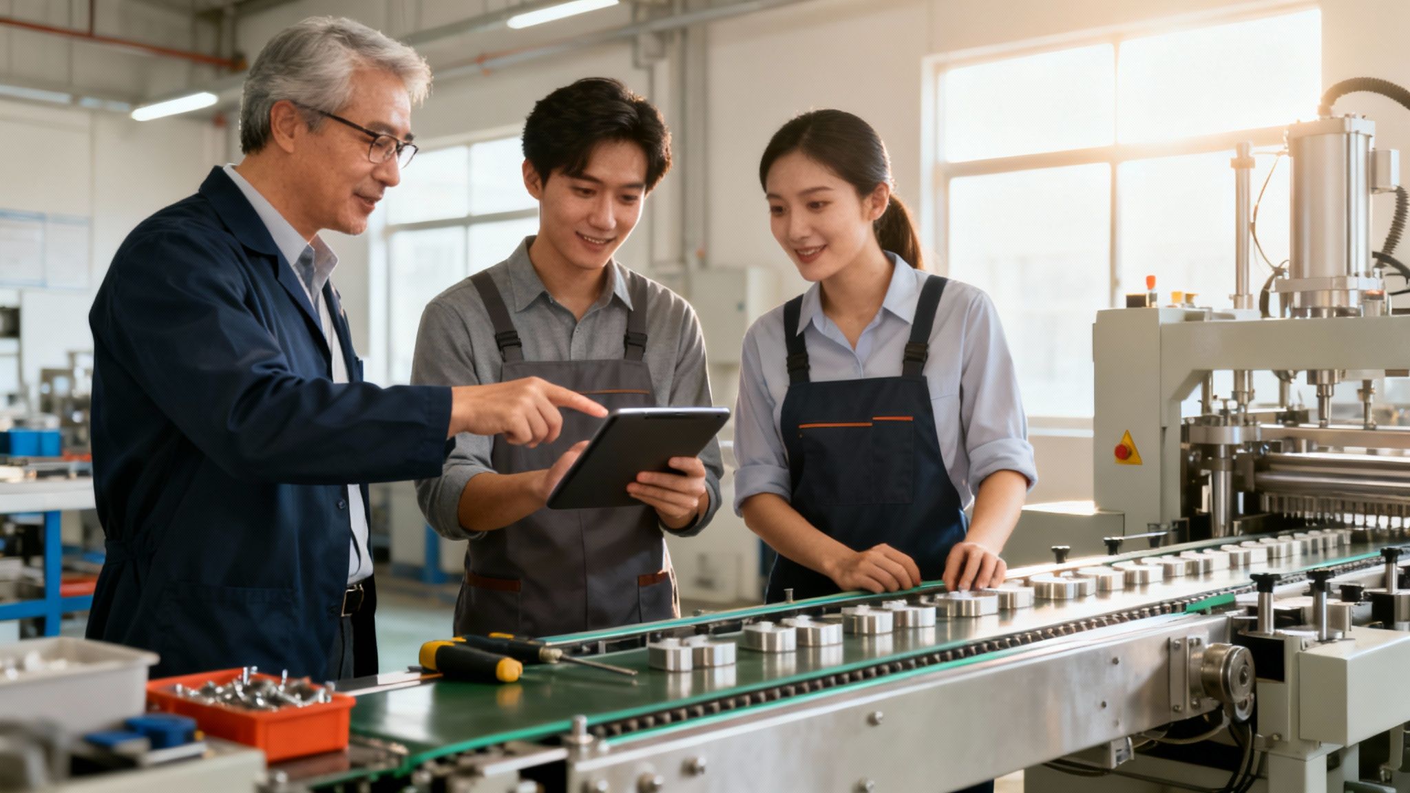 Een leidinggevende laat twee jonge arbeiders in een moderne fabriek gegevens zien op een tablet.