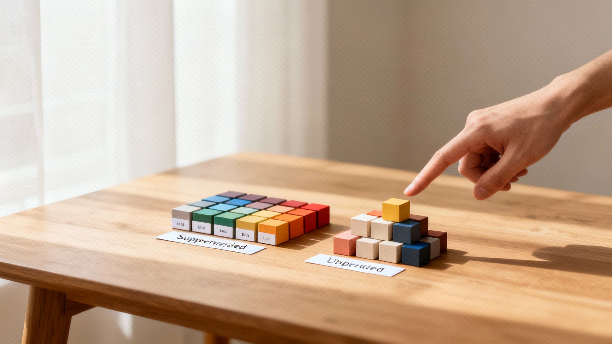 テーブルの上のカラフルなブロックを指さす手。これにより、教師あり学習と教師なし学習の概念が説明されています。