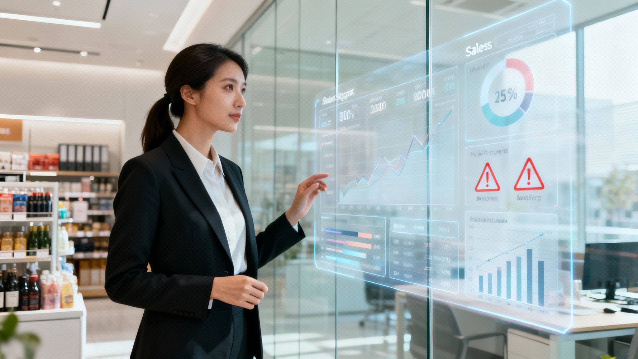 モダンな環境の中で、アジア系の若いビジネスウーマンが、売上分析やグラフを表示するホログラフィックディスプレイを操作している。