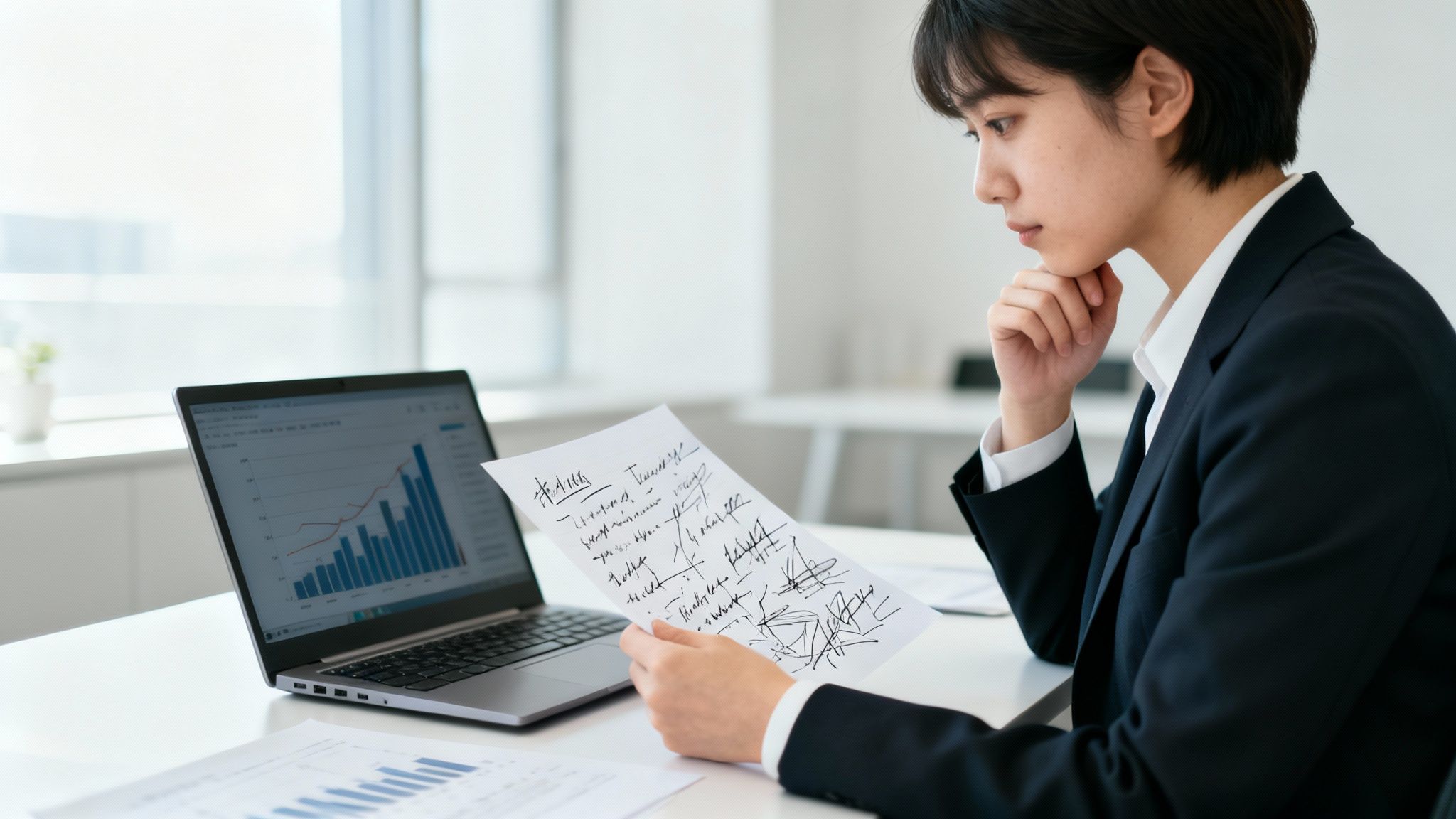 Młody specjalista analizuje dokumenty i wykresy na laptopie w jasnym biurze, głęboko się zamyślając.