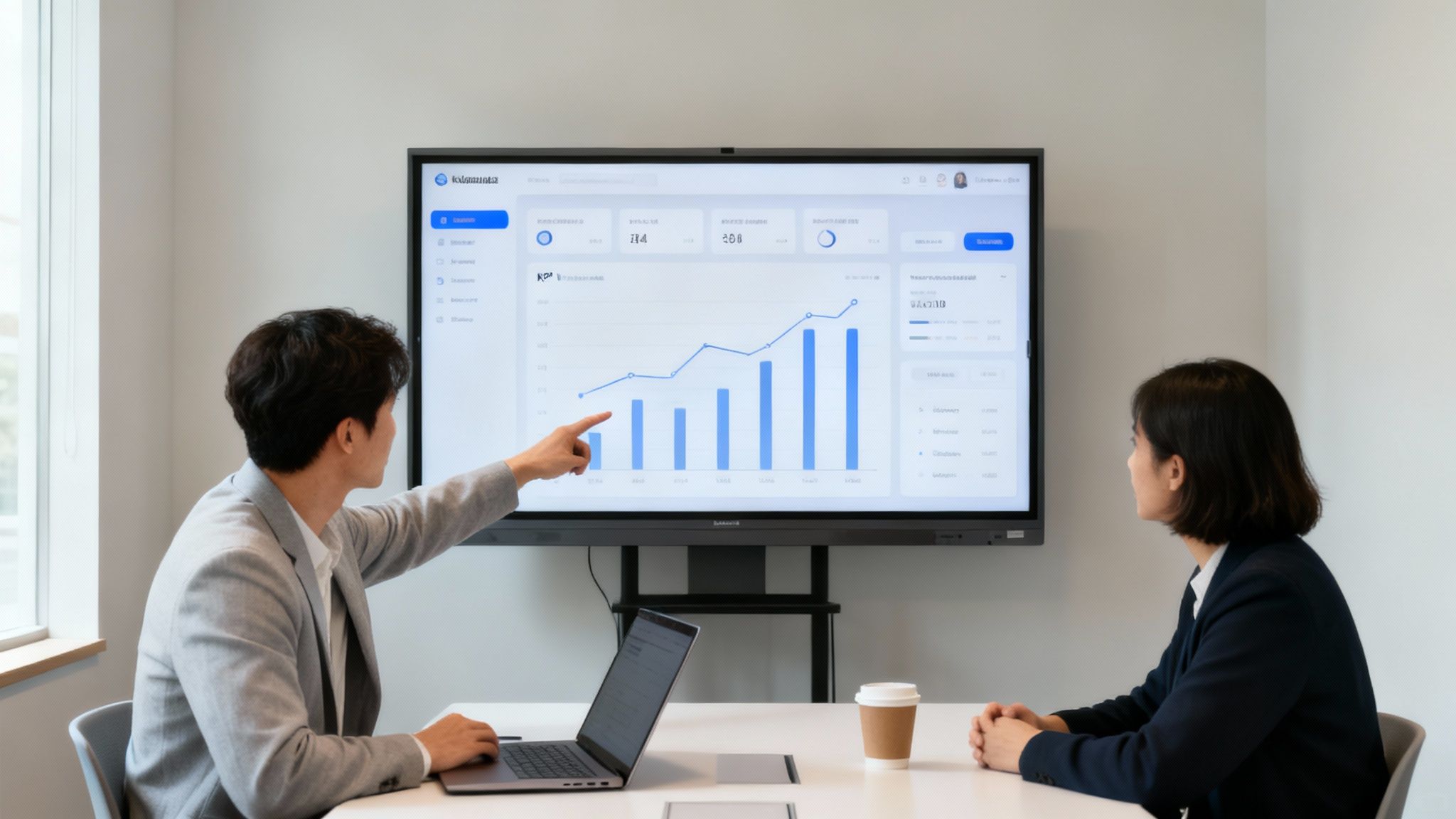 Dwie osoby w biurze omawiają analizę danych firmowych na dużym interaktywnym ekranie.