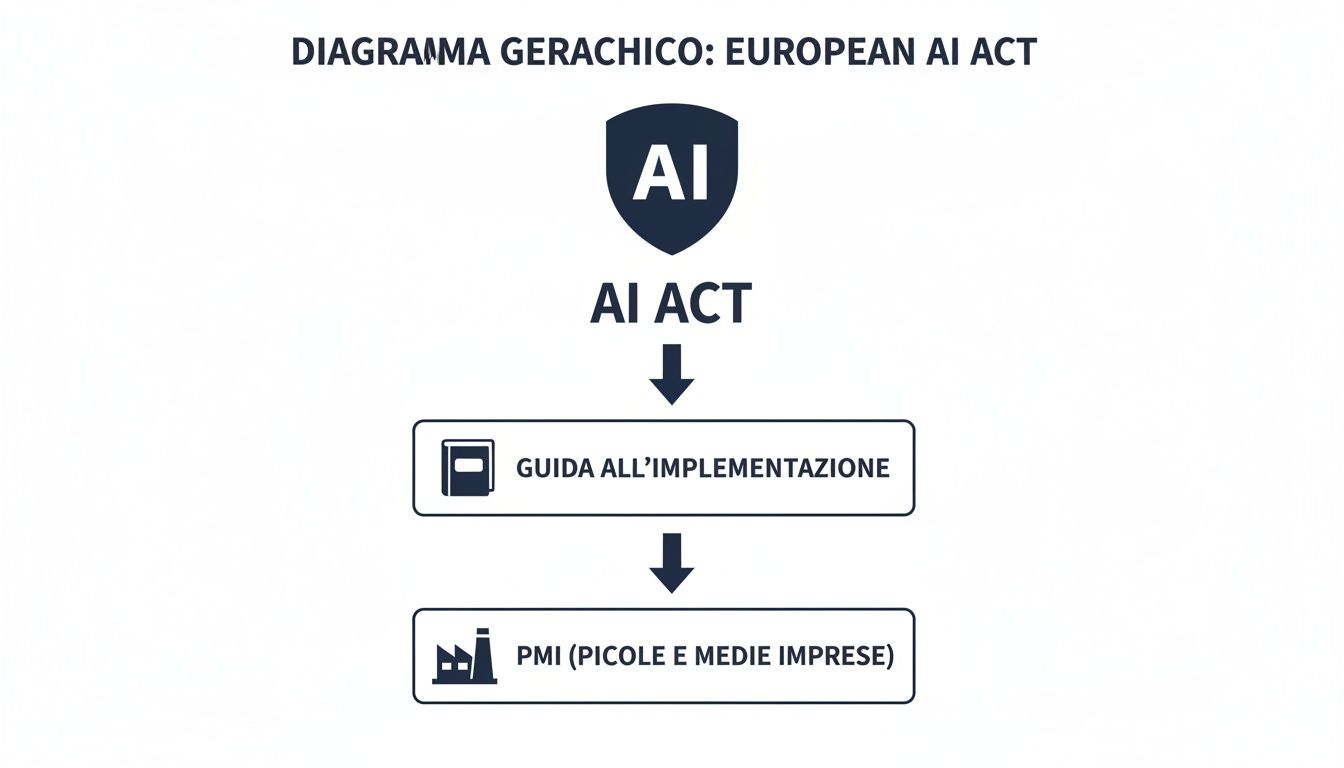 Diagrama hierárquico da Lei Europeia sobre IA, que ilustra o percurso desde a lei até ao guia de implementação para as PME.