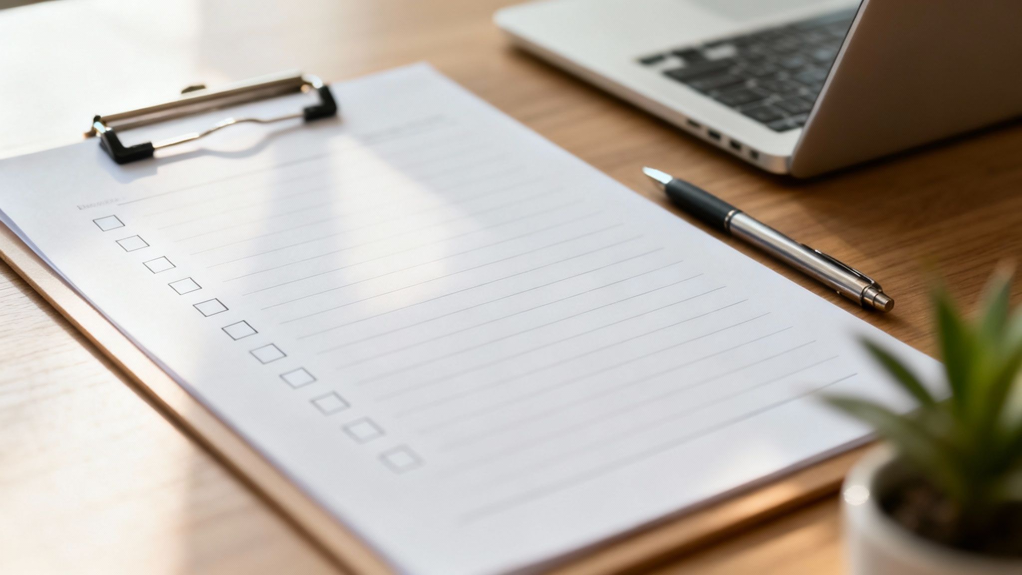 Um bloco de notas com uma lista de verificação em branco, uma caneta, um computador portátil e um mapa numa secretária de madeira.