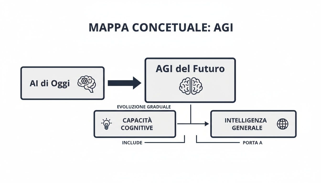 Mappa concettuale sull'evoluzione dall'IA odierna all'AGI del futuro, includendo capacità cognitive e intelligenza generale.