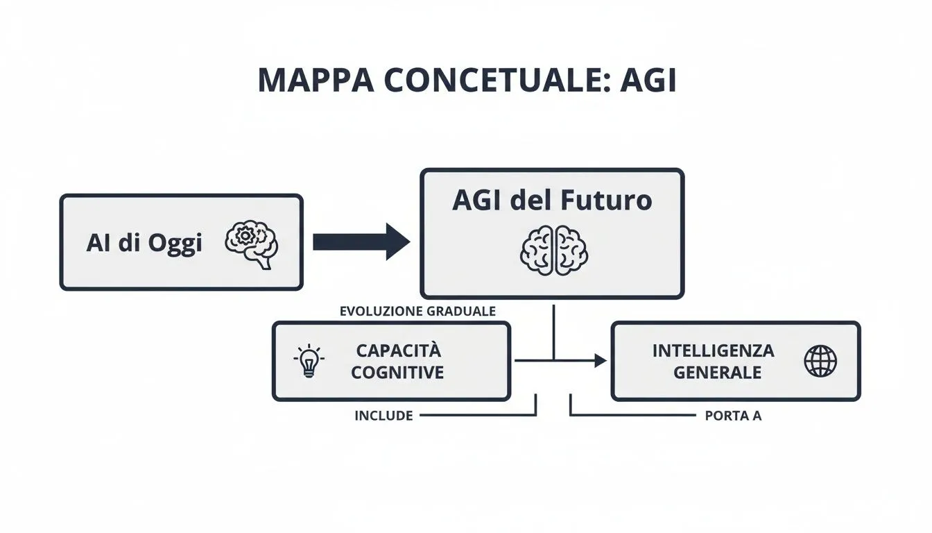 Conceptkaart over de ontwikkeling van de huidige AI naar de AGI van de toekomst, met inbegrip van cognitieve vaardigheden en algemene intelligentie.