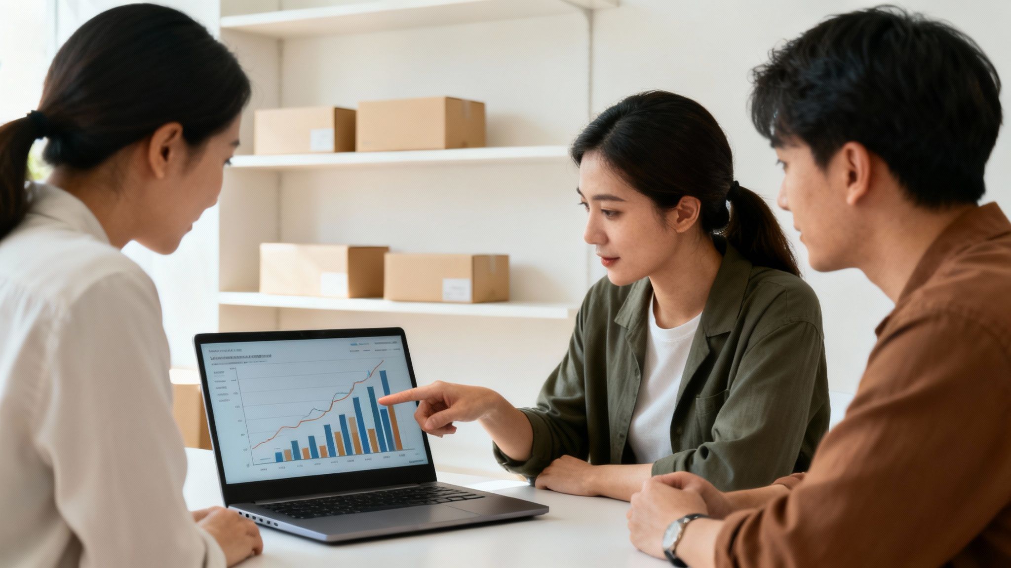 Una donna indica un grafico sul laptop mentre discute con colleghi in un ambiente di e-commerce.