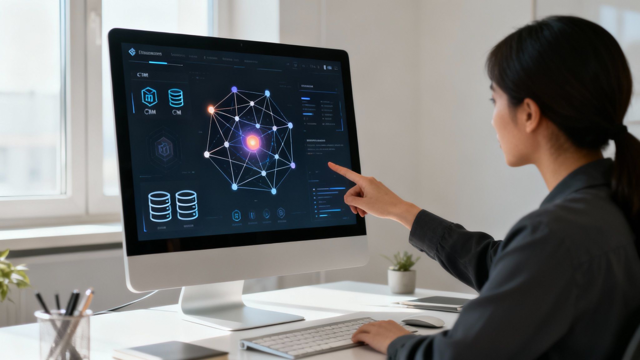 Vrouw die met een computer werkt en naar een complexe gegevensweergave op het scherm wijst. Moderne kantooromgeving.
