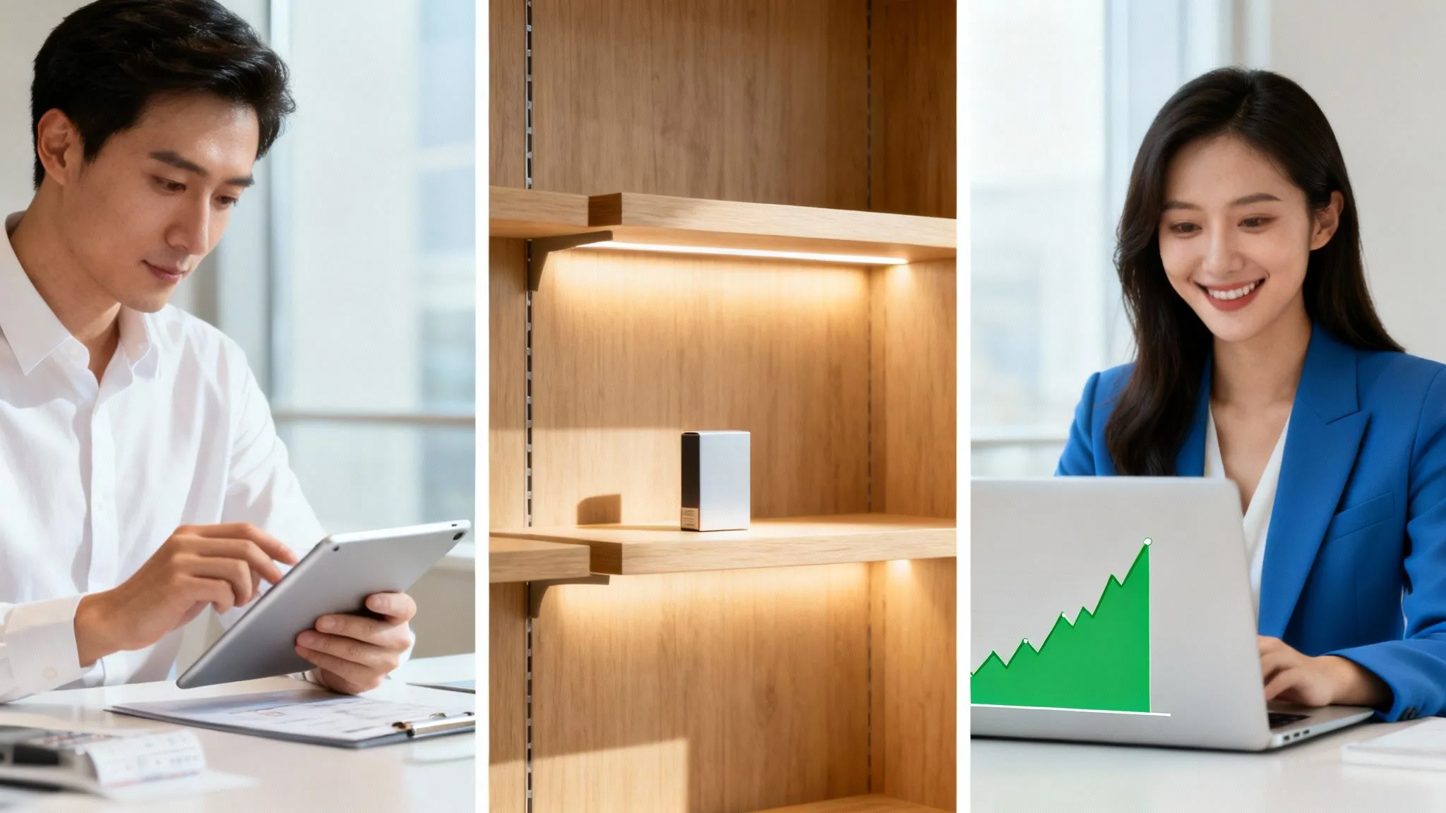 An Asian man using a tablet, a woman smiling while looking at a laptop and a growth chart, and a wooden shelf with a device.