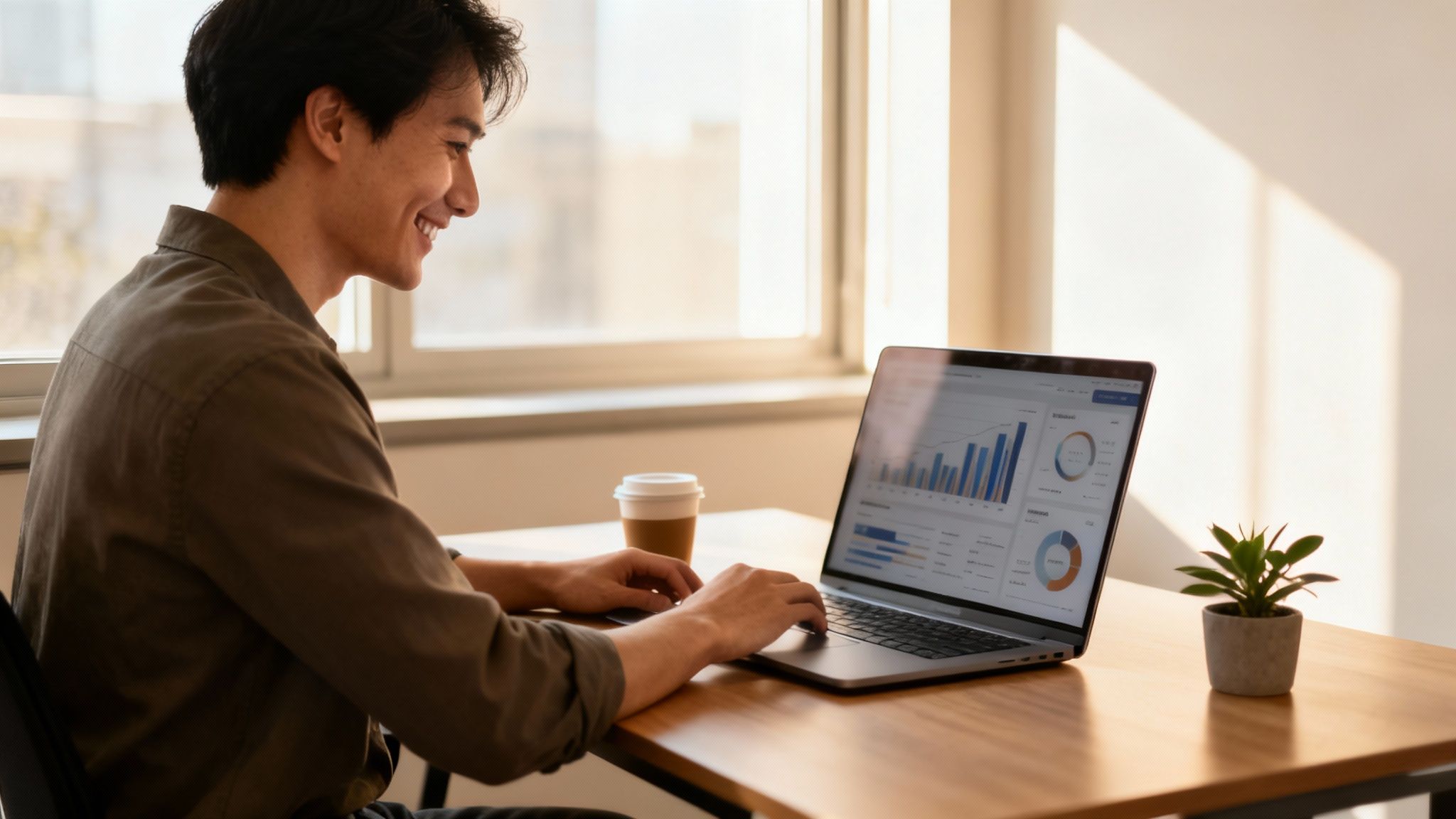 一位面带微笑的年轻亚裔男子，正在一间光线明亮的办公室里用笔记本电脑处理图表和数据。