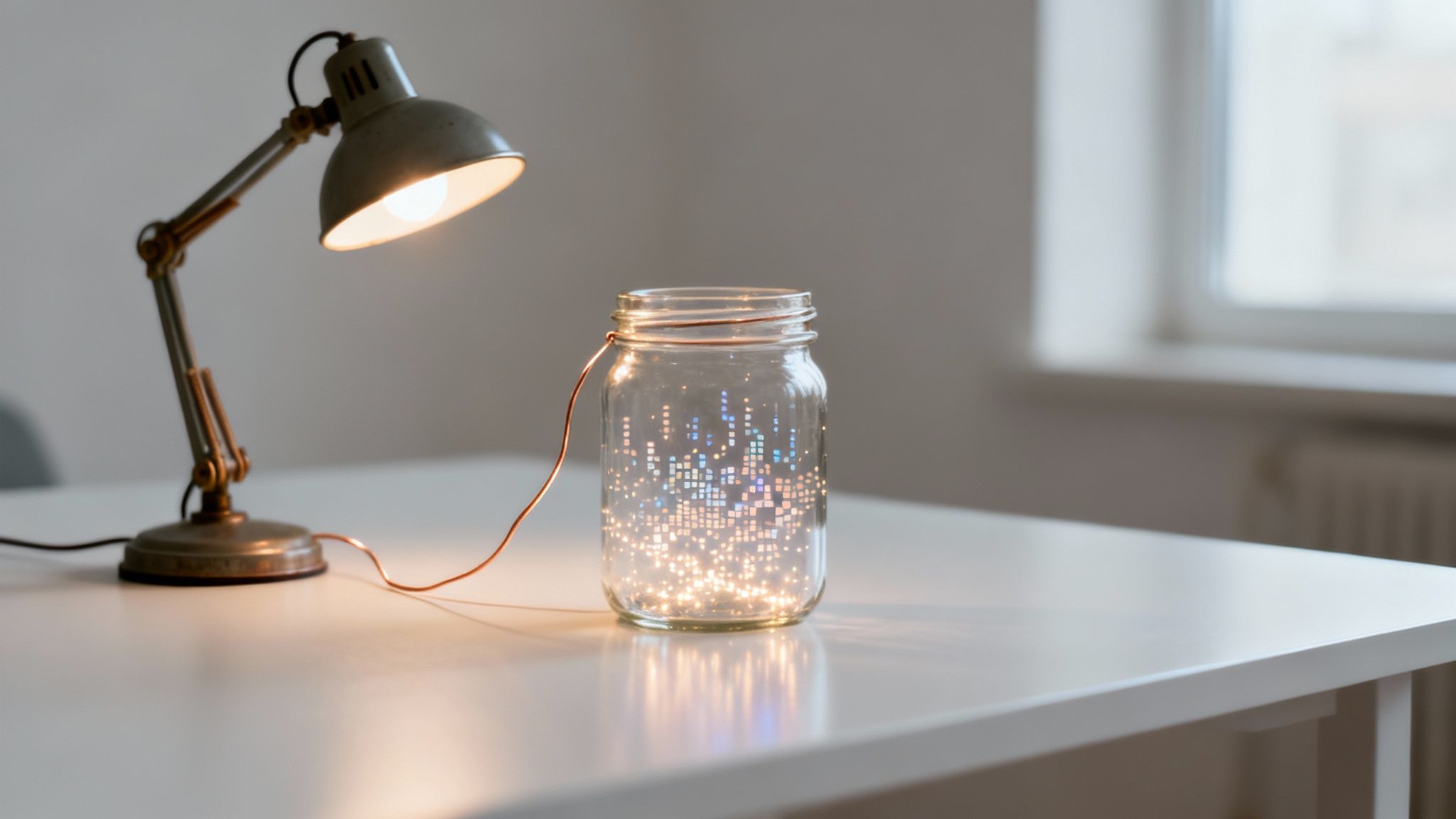 一款复古台灯与一个闪烁着微光的玻璃罐，通过一根铜线相连，置于一张白色桌子上。