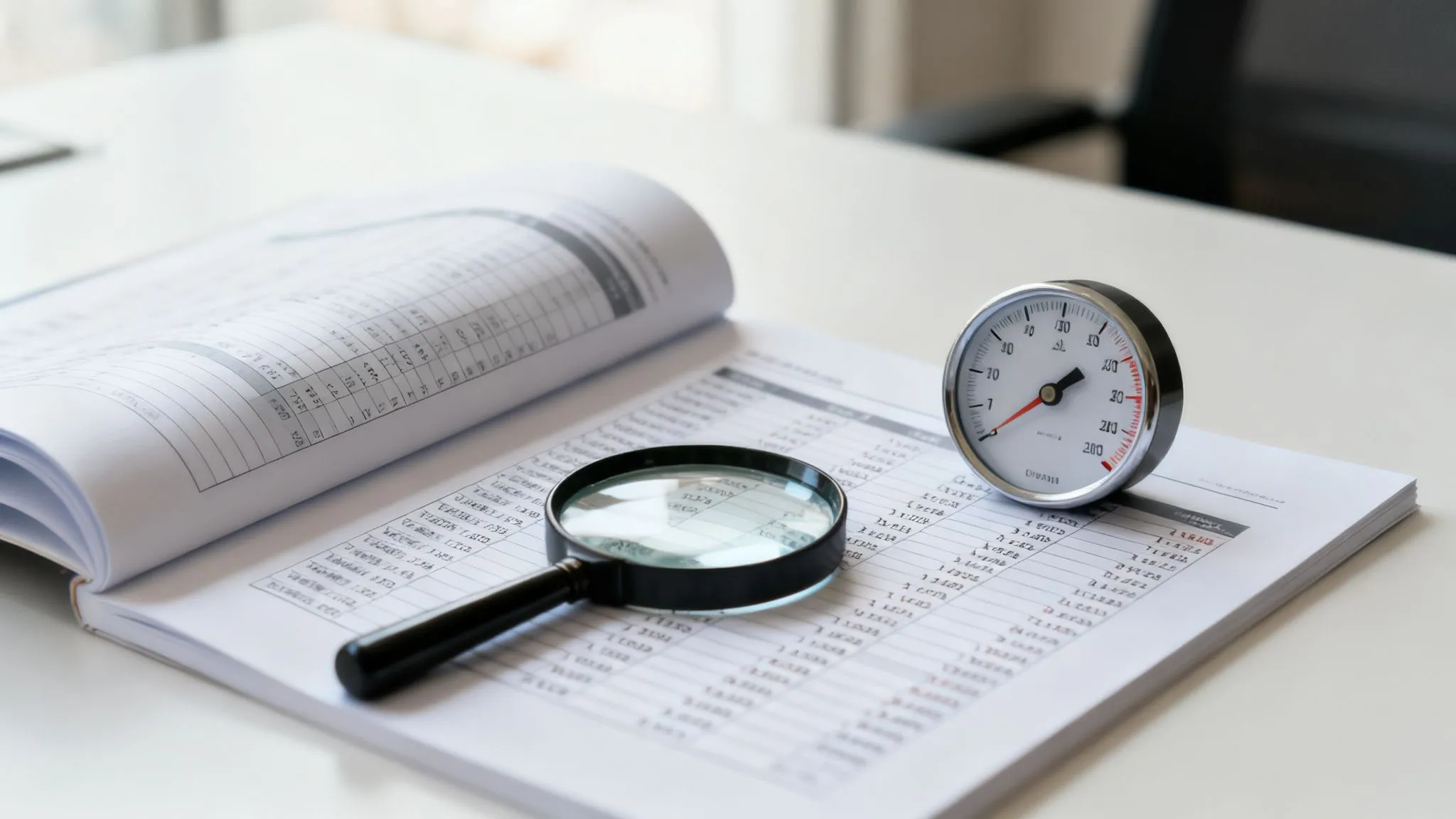 Documenti finanziari con lente d'ingrandimento e indicatore, simbolo di analisi approfondita dei dati e bilanci.