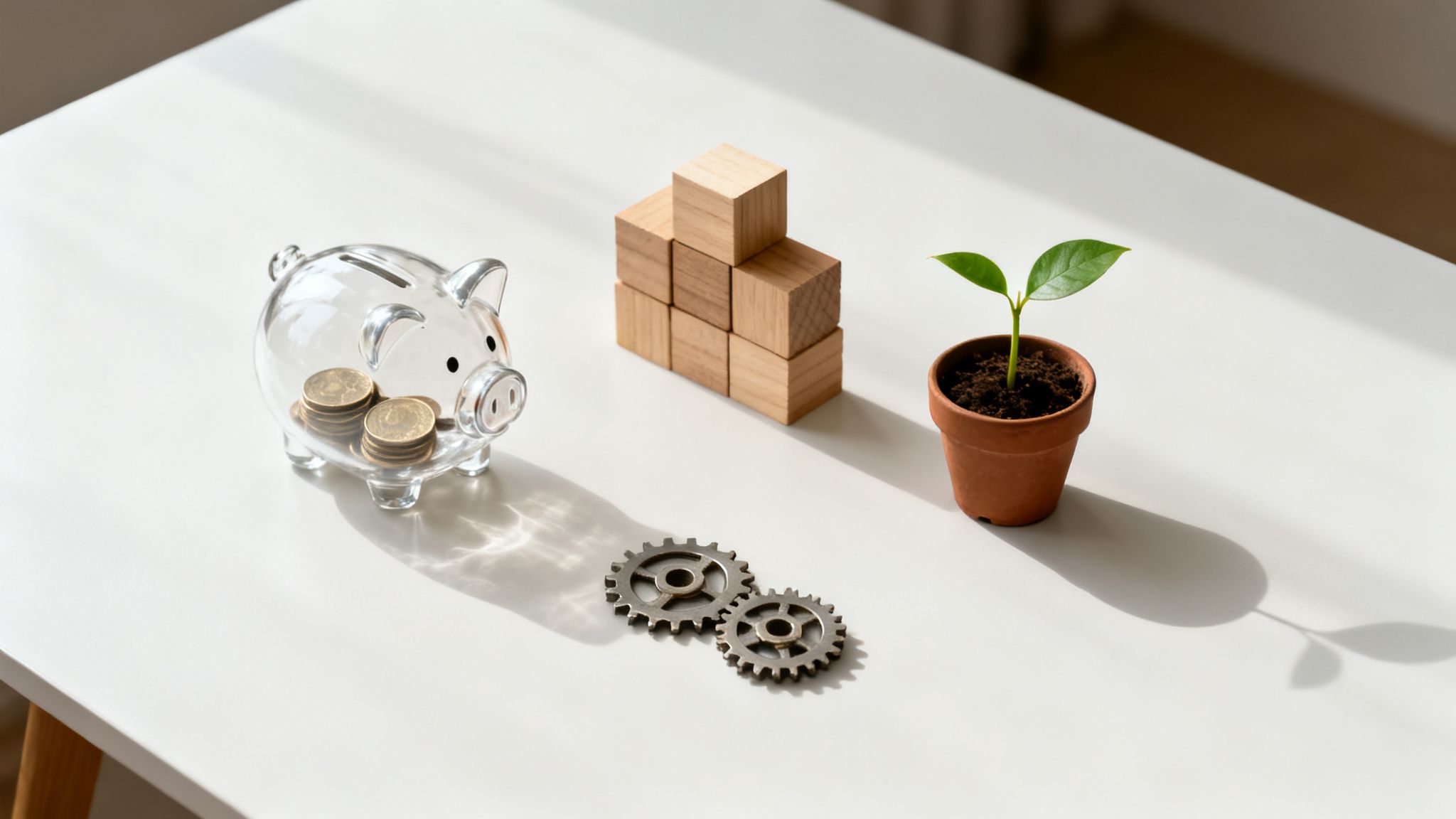 Representación conceptual del ahorro y el crecimiento financiero con una hucha, bloques, engranajes y una planta.