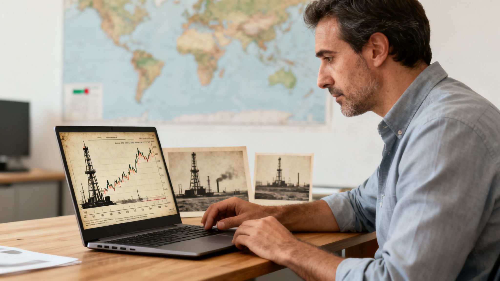 رجل يدرس الرسوم البيانية والصور التاريخية لأسعار النفط على جهاز كمبيوتر محمول، مع خريطة للعالم في الخلفية.