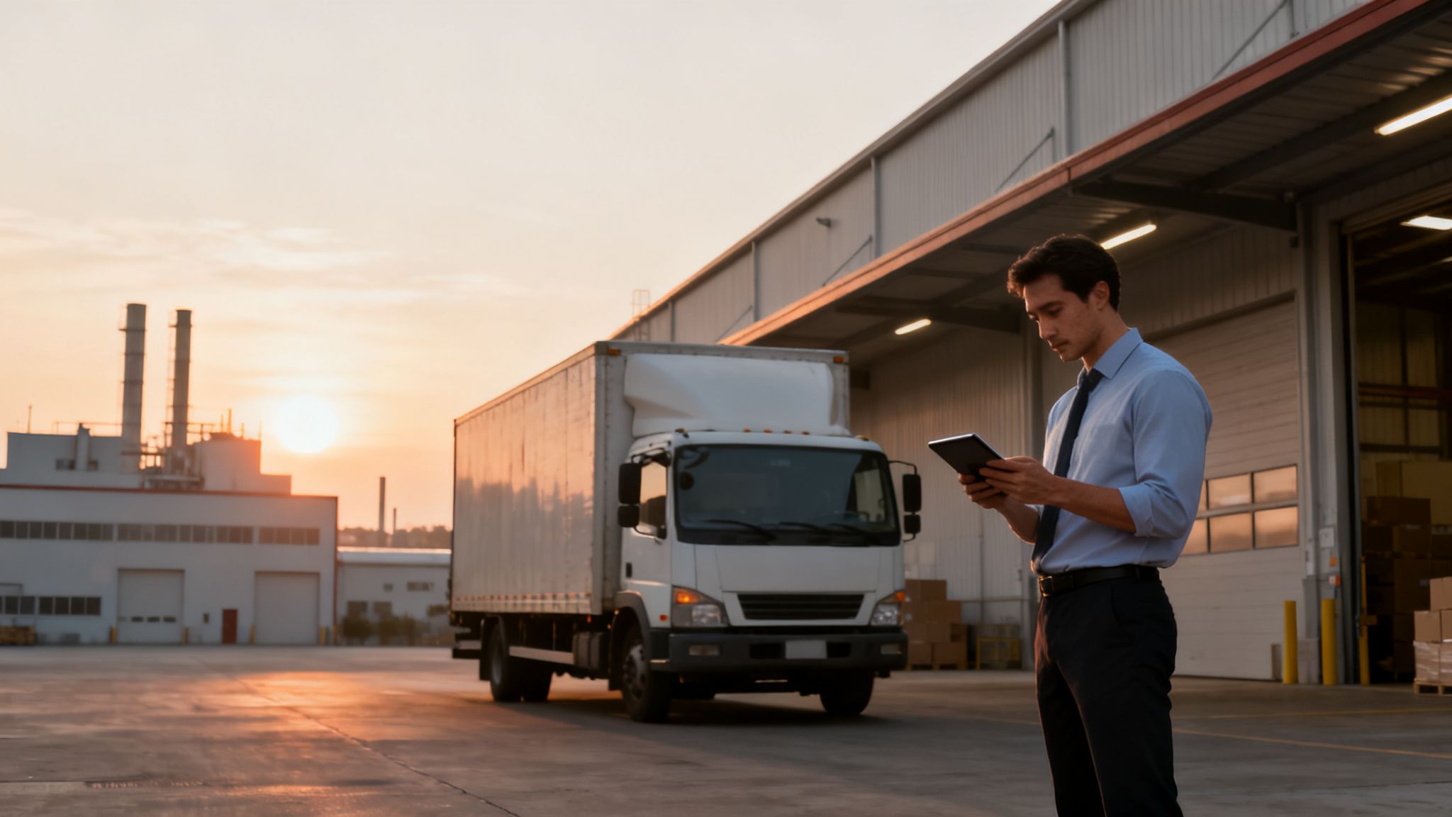 رجل أعمال يحمل جهازًا لوحيًا في ساحة مستودع تضم شاحنات توصيل ومصنعًا عند غروب الشمس.