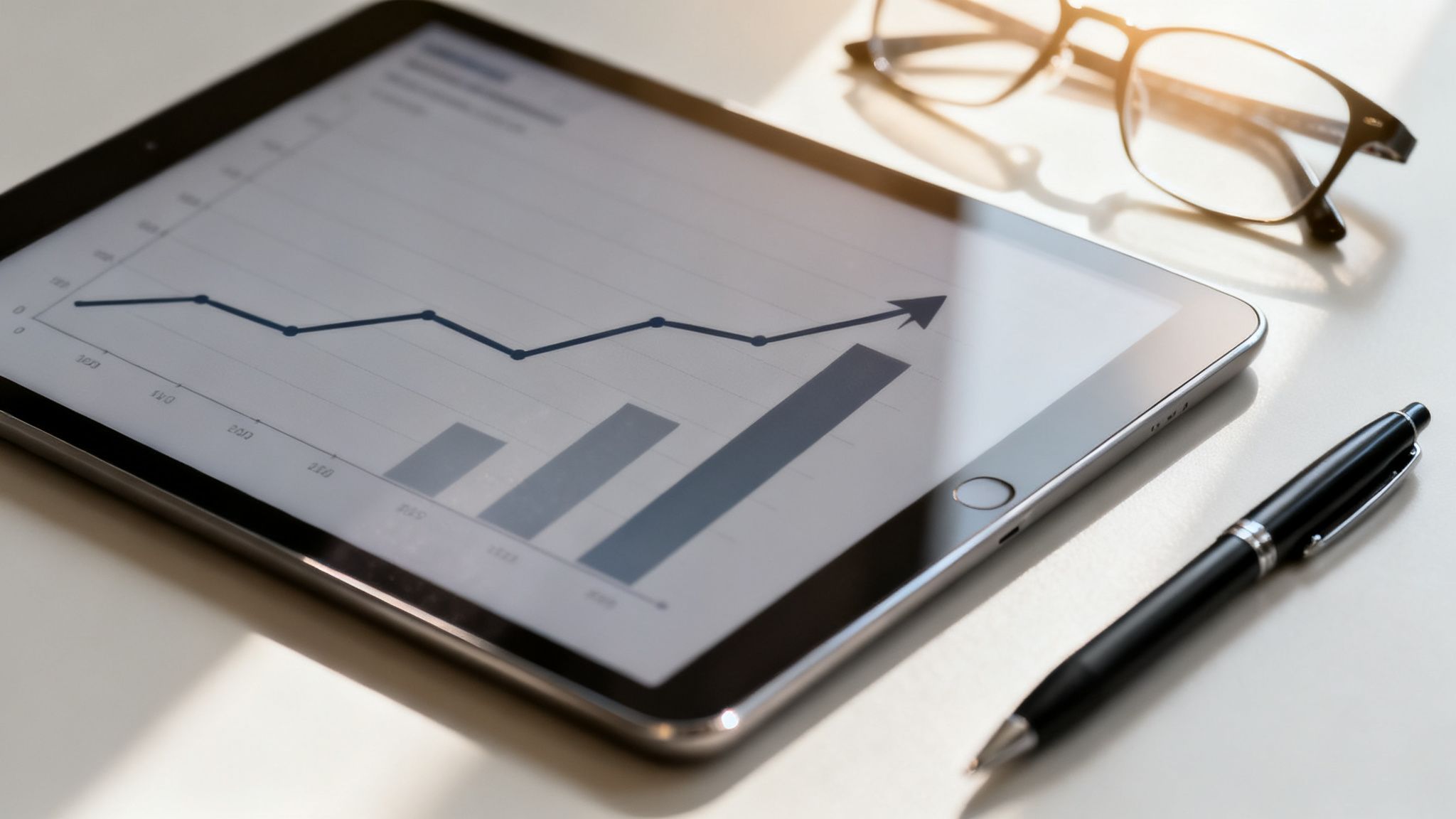 タブレットに表示された、好調な推移を示す企業のグラフ。机の上にはメガネとペンが置かれている。